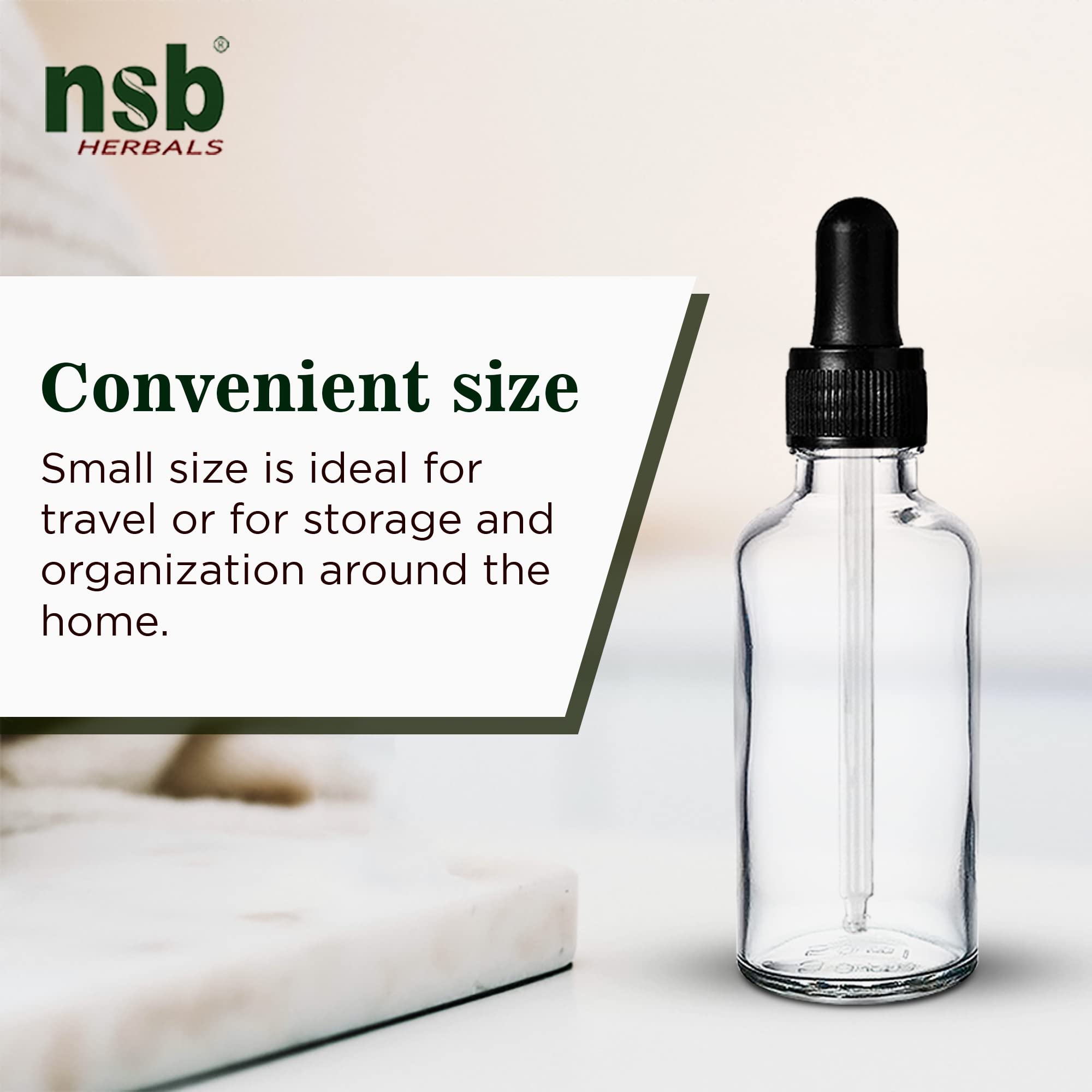NSB Herbals 50ml Clear Round Empty Glass Bottle with Dropper & Black Silicone Cap - Refillable Essential Oil, Perfume, CBD Storage Bottles (Pack of 3) - Perfect for DIY Blends, Aromatherapy & Travel Size Liquids