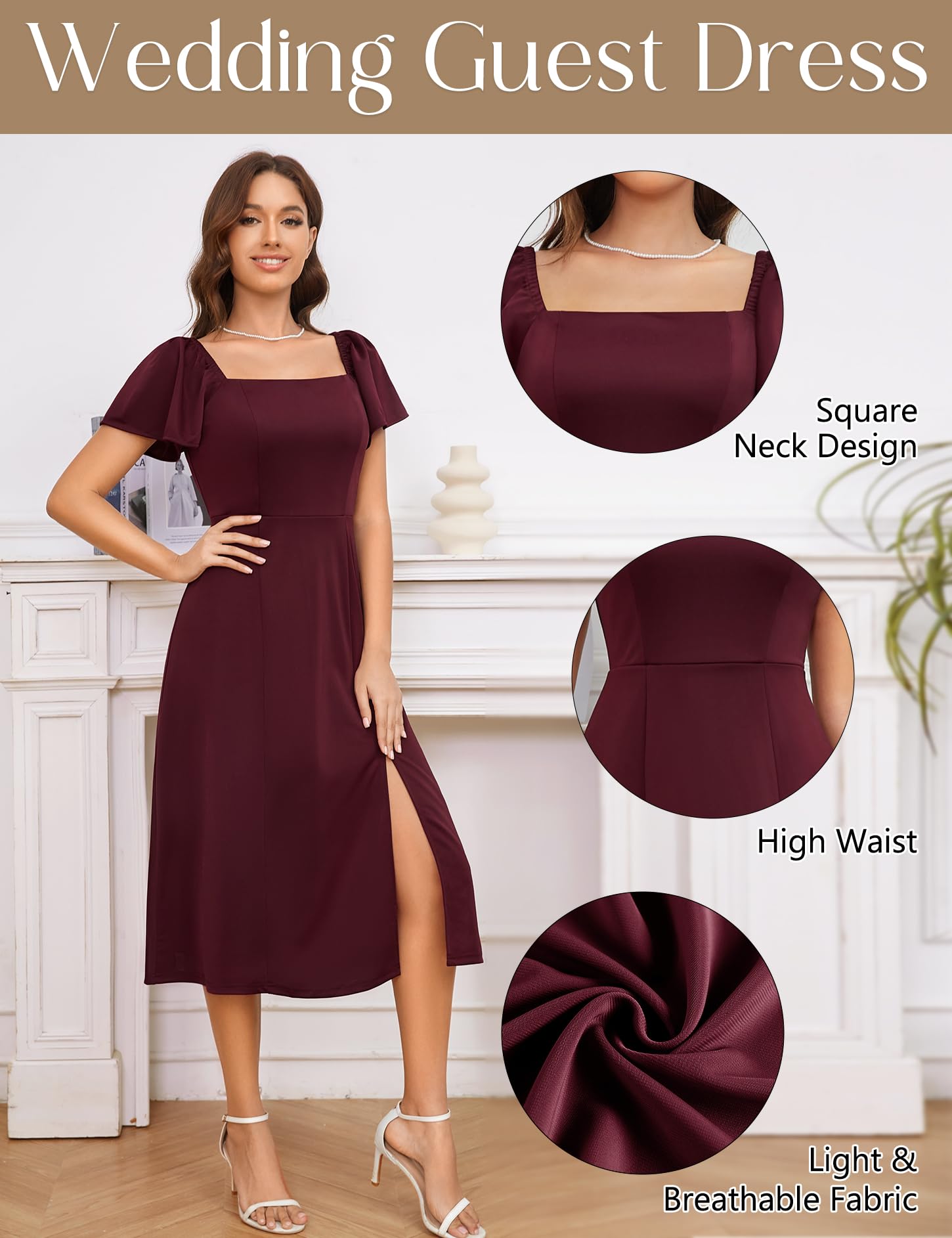 MUADRESS Women's A-Line Midi Dress - High Waist Formal Church Wedding Guest Dress with Puff Sleeves | Modest Party Dress for Bridal Shower, Cocktail Events & Special Occasions