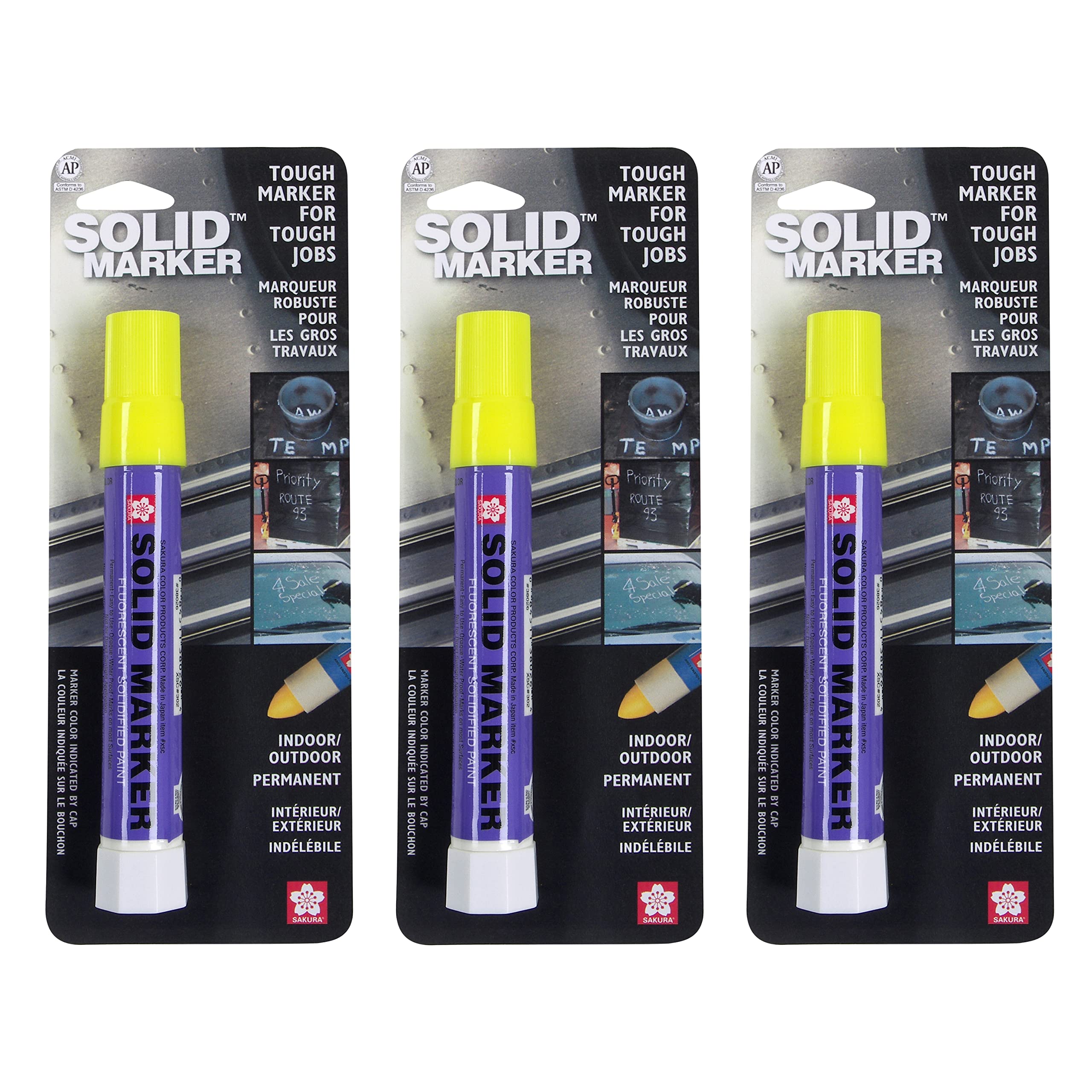 Sakura Solid Paint Markers - 3 Pack Permanent Markers for Window, Wood, Glass - Fluorescent Lemon Color - Ideal for DIY Crafts, Sign Making & Home Decor Projects