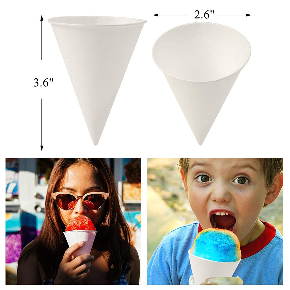 250 Pack Small White Paper Cone Cups - 3.7 oz Disposable Green Paper Funnel Cups for Snow Cones, Shaved Ice, Frozen Treats & Beverages | Perfect for Parties, Carnivals & Summer Snacks