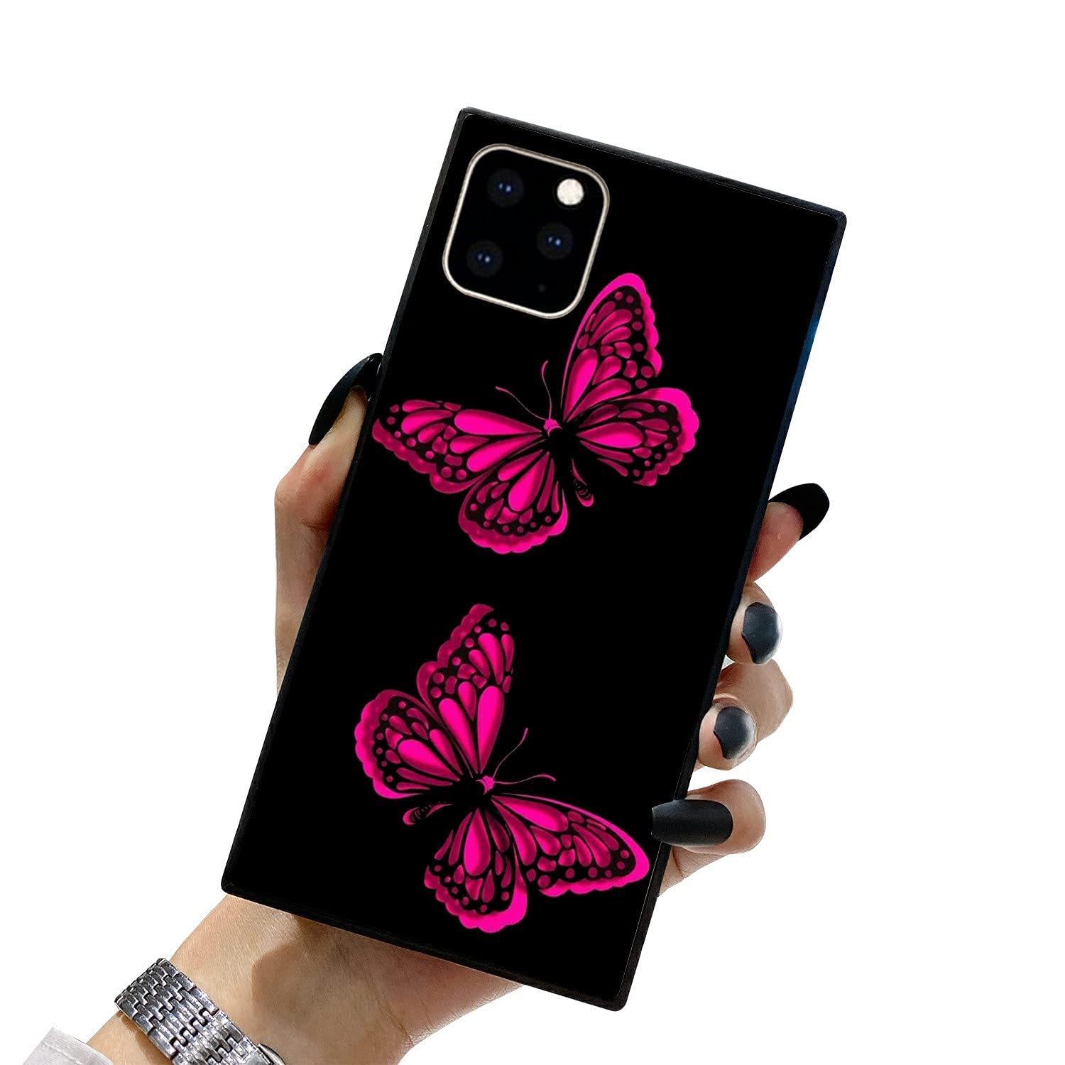 ZhuxuxiTT iPhone 11 Pro Max Case (6.5 Inch) - Pink Butterfly Design Fashion Phone Cover for Women, Hard PC Back & Soft TPU Bumper, Square Pattern Protective Case - Perfect for Daily Use, Work & Travel