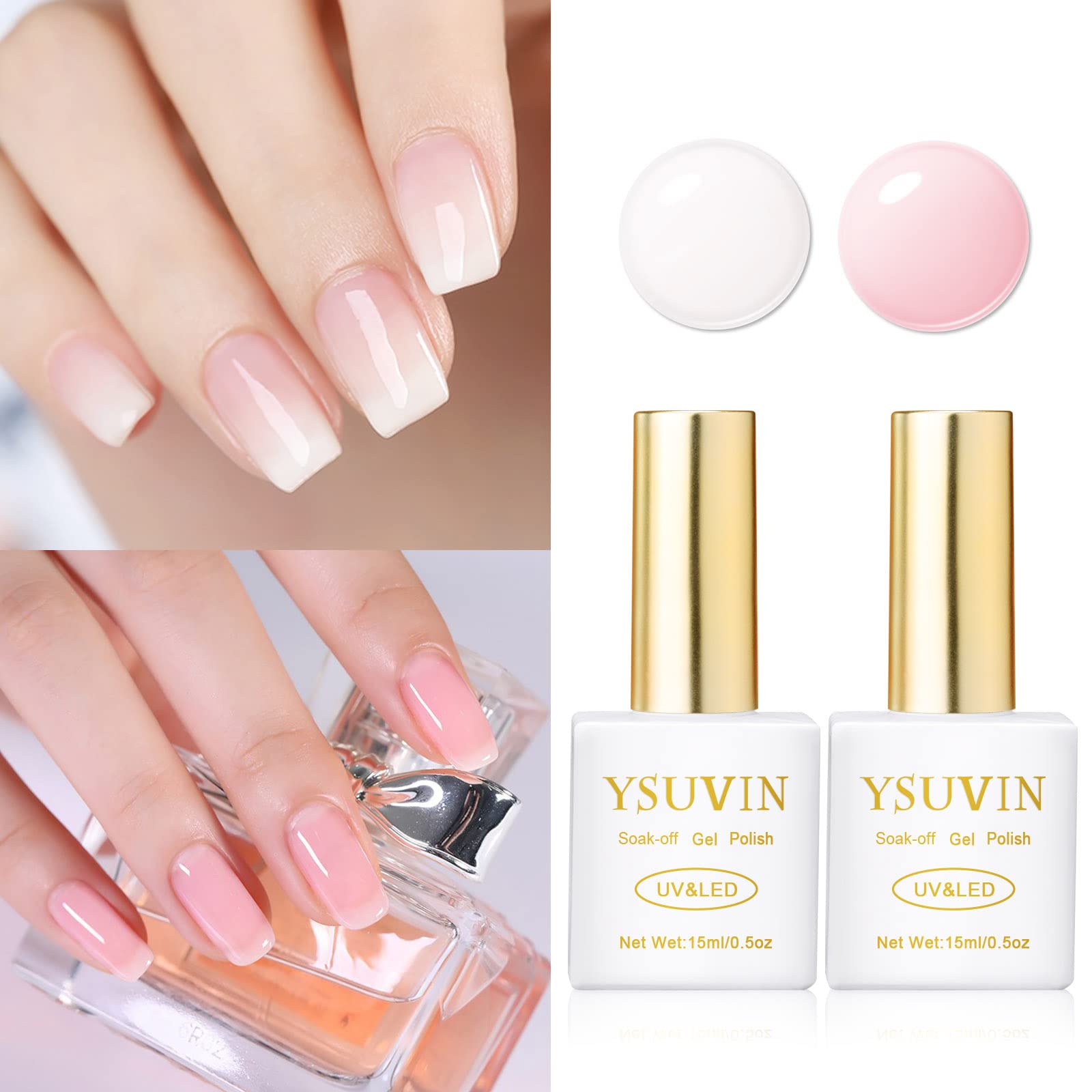 2PCS Milky White Jelly Gel Nail Polish Set - 15ml Pink Nude & Transparent White Soak Off LED Gel Varnish, Professional Nail Art Manicure Kit for Women | Perfect for Home Salon, DIY Nail Designs & Gift Giving