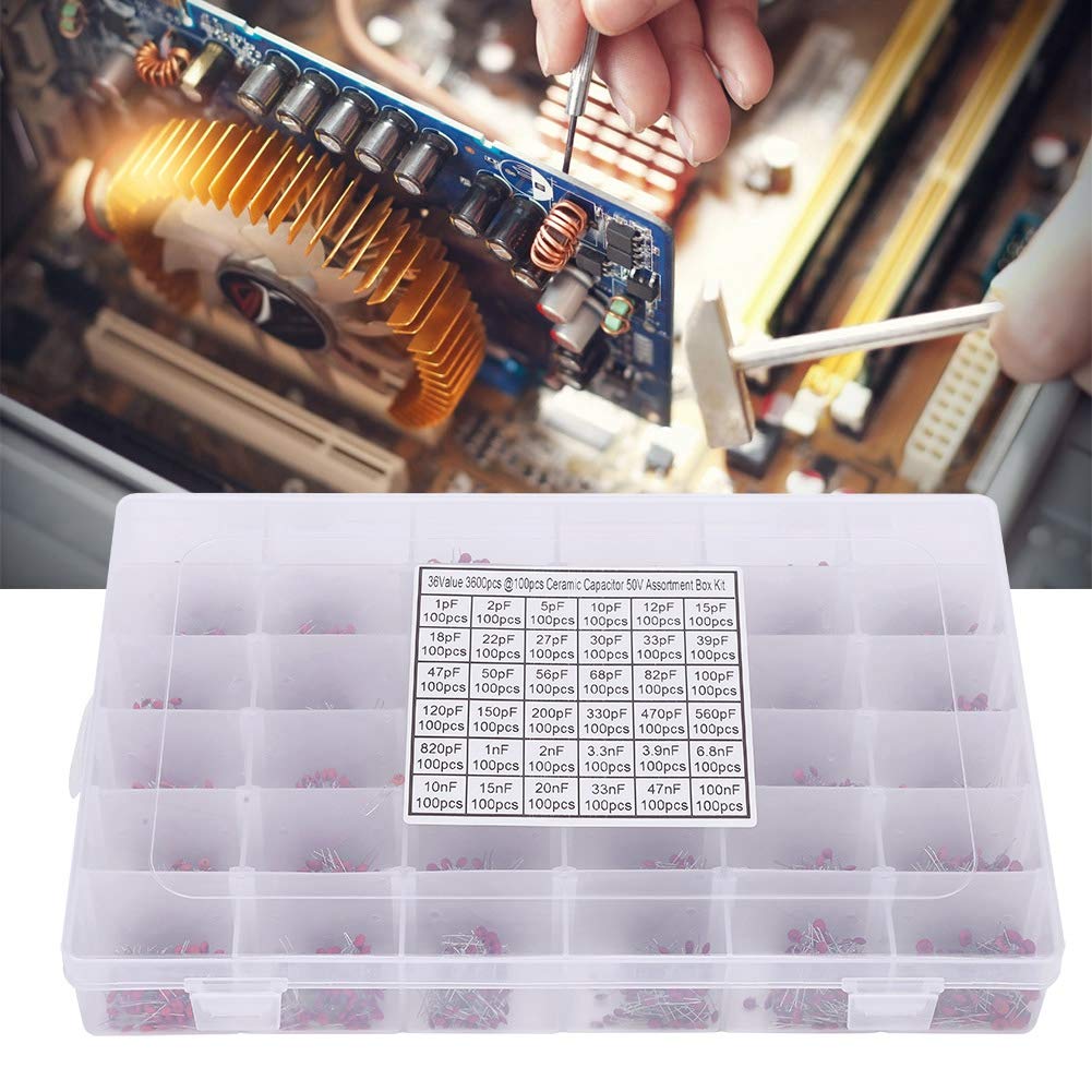 3600PCS 36 Values Ceramic Capacitor Kit (1pF-100nF, 50V) - Assorted Capacitors for DIY Electronics, Audio & Video Projects - Perfect for Hobbyists, Repair & Circuit Design