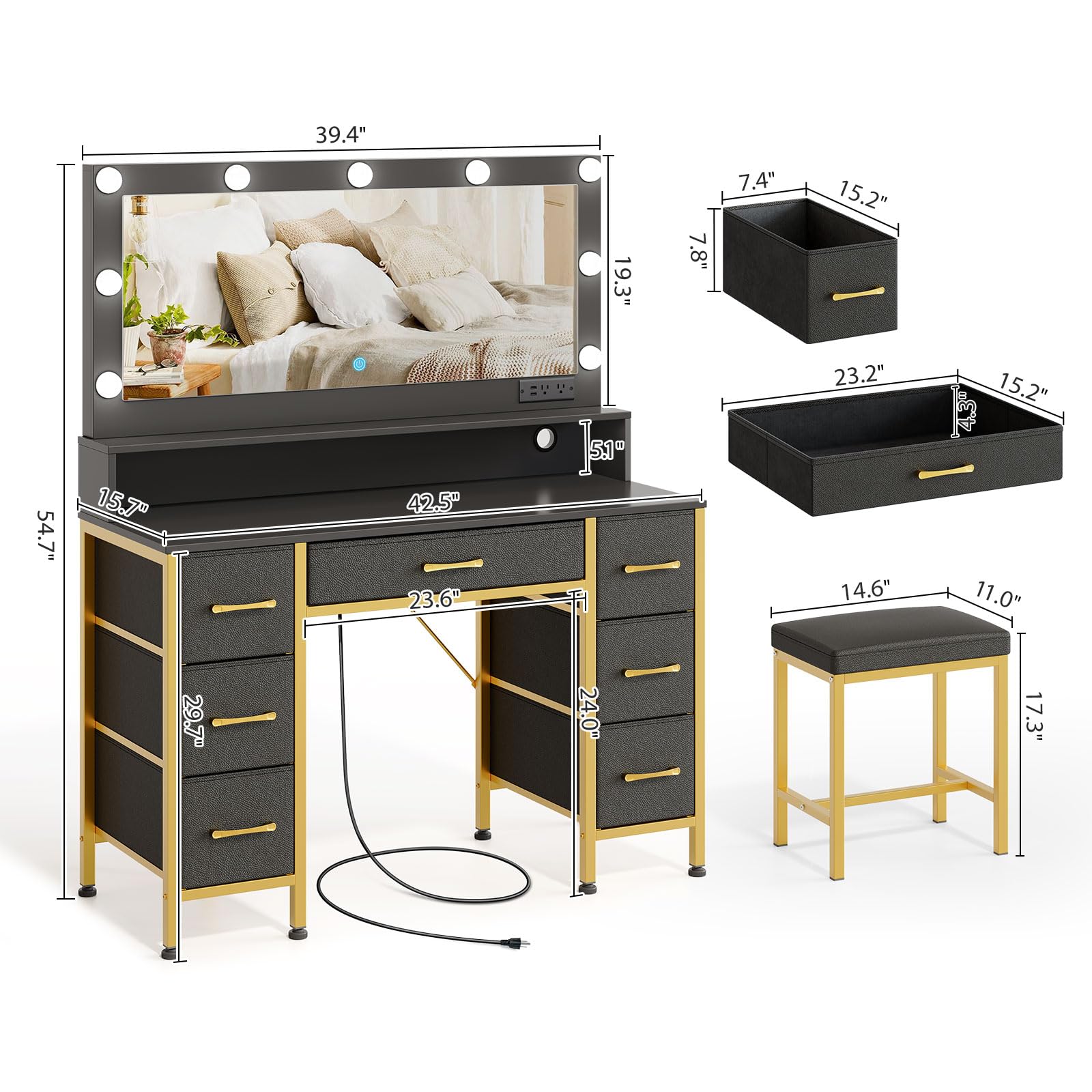 Rolanstar Vanity Desk with Mirror and Lights - Makeup Vanity Set with Upholstered Stool, 7 Fabric Drawers, 9 LED Bulbs & Power Outlets - Black and Gold Dressing Table with RGB Strip Lights for Bedroom, Home Decor & Beauty Routine