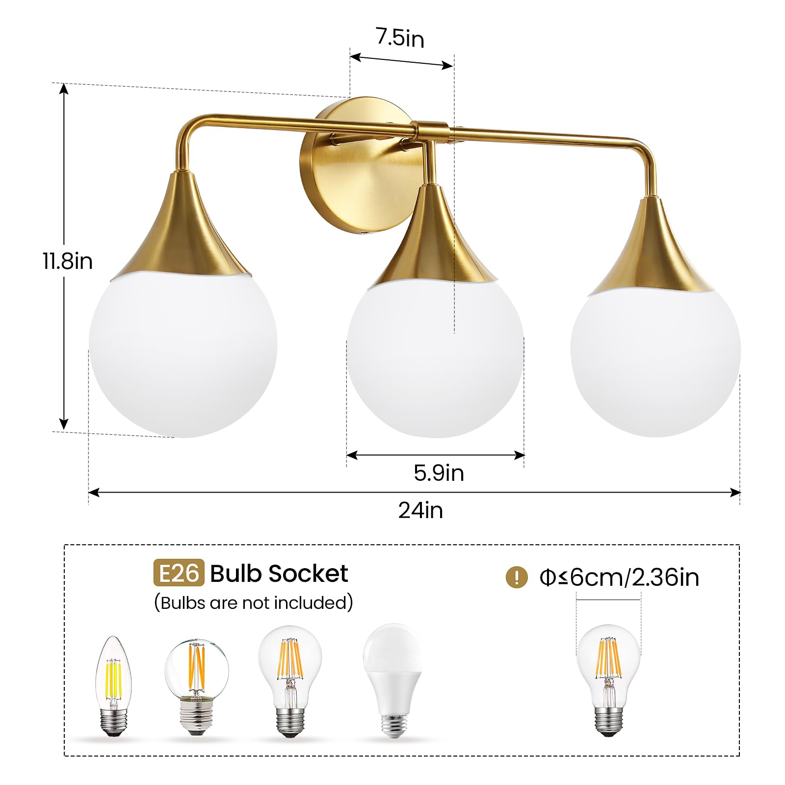 Mid Century Modern Bathroom Vanity Light Fixtures - 3-Light Brass Gold Wall Sconce with Milky White Globe Glass for Mirror Lighting | Perfect for Bathroom, Living Room & Bedroom Décor