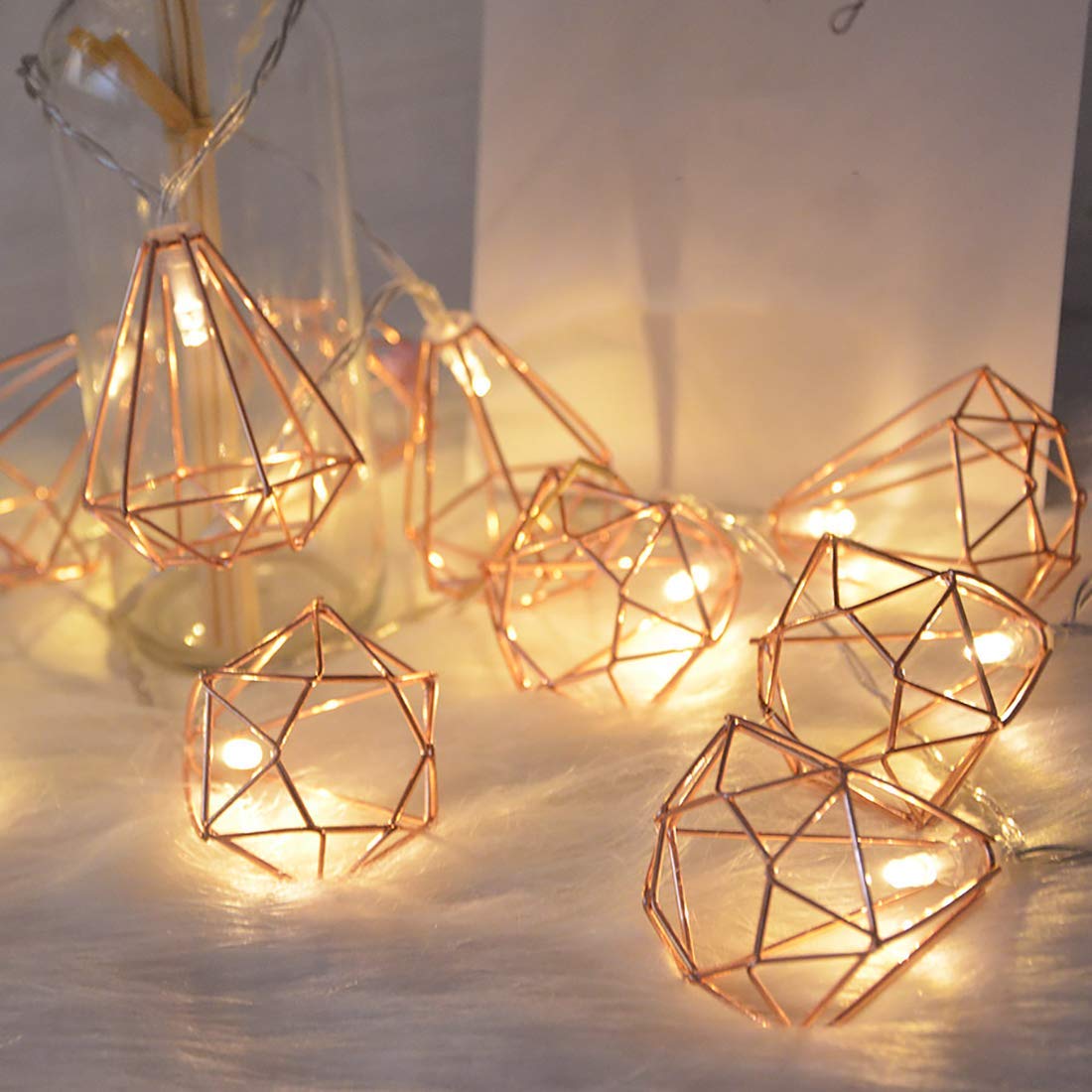 Rose Gold Metal String Lights - 10ft 20 LED Battery Powered Geometric Fairy Lights for Indoor Decor | Perfect for Christmas, Wedding, Party & Home Decoration (Polyhedral Design) - Create Cozy Ambiance in Bedroom, Patio or Special Events