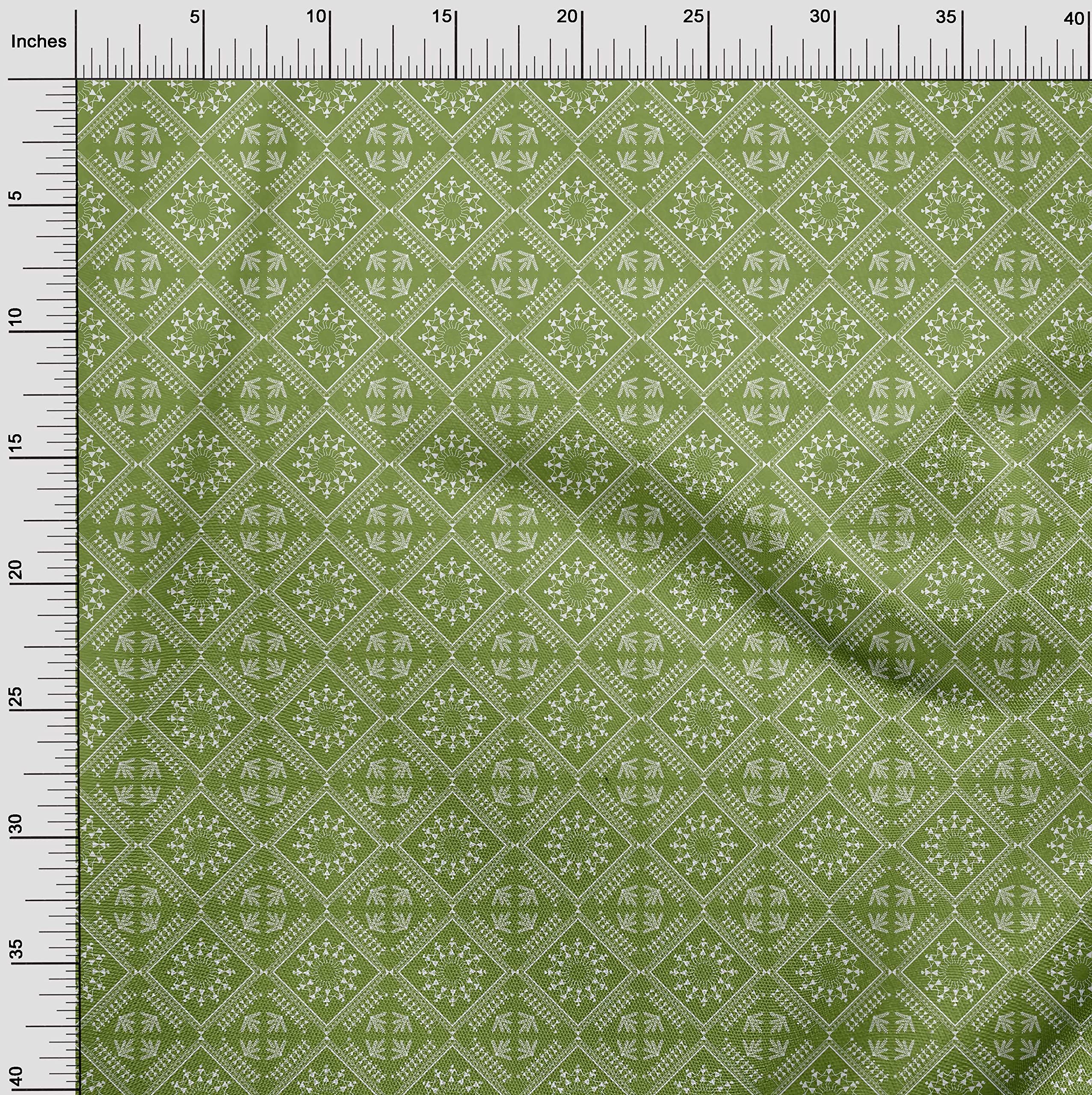 oneOone Polyester Spandex Green Asian Floral Print Fabric by The Yard - 56 Inch Wide Dress Material for DIY Clothing, Home Decor & Craft Projects