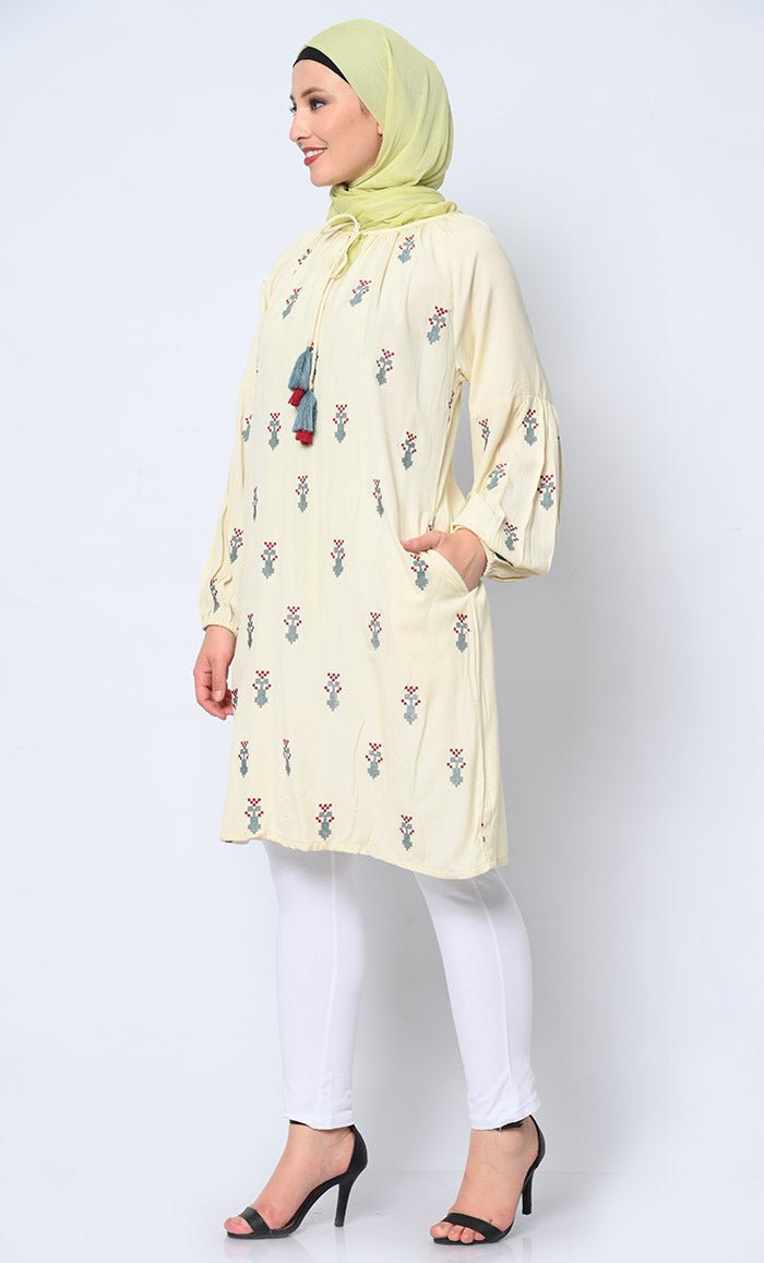 Elegant Embroidered Cream Tunic with Pockets - Women's Boho Chic Blouse for Casual Wear, Office & Special Occasions