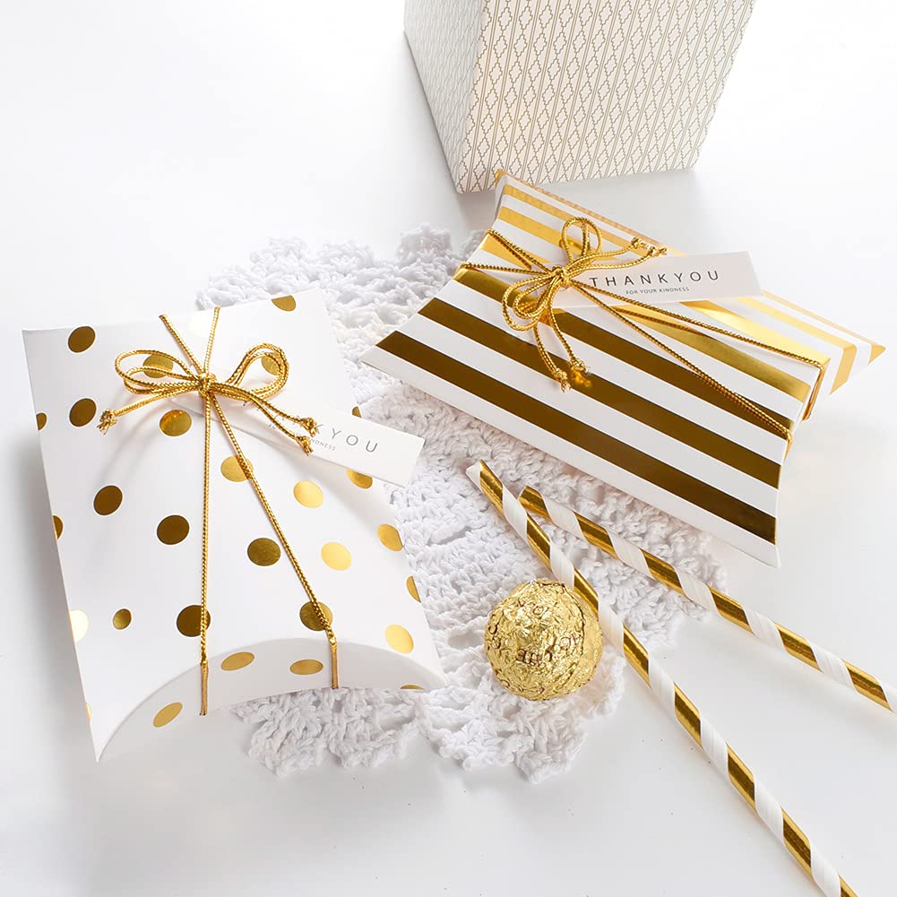 AKOAK 10-Piece Wedding Creative Pillow Box Set - Elegant Candy Gift Boxes for Wedding Favors, Birthday Party, Christmas Gifts (Gold Dotted Design) - Perfect for Bridal Showers, Baby Showers & Holiday Celebrations
