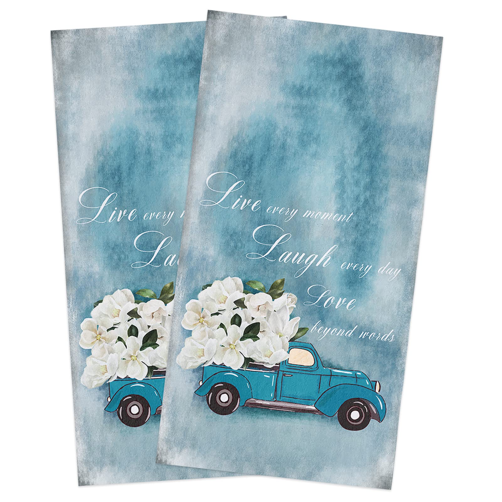 Premium White Floral Blue Truck Kitchen Towels - 18x28 Inch Soft Cotton Dish Cloths (2-Pack) | Absorbent Tea Towels, Bar Towels & Hand Towels for Kitchen, Bathroom & Restaurant Use