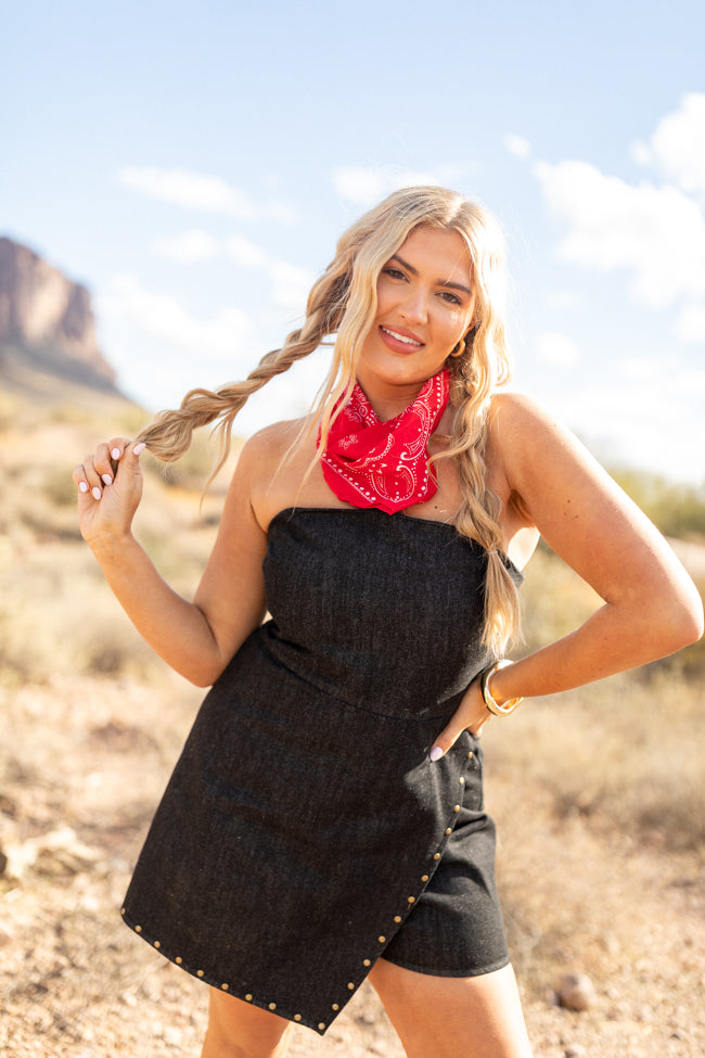 Stylish Black Denim Strapless Romper with Heart Design - Women's Fashion Jumpsuit for Summer, Parties & Date Nights