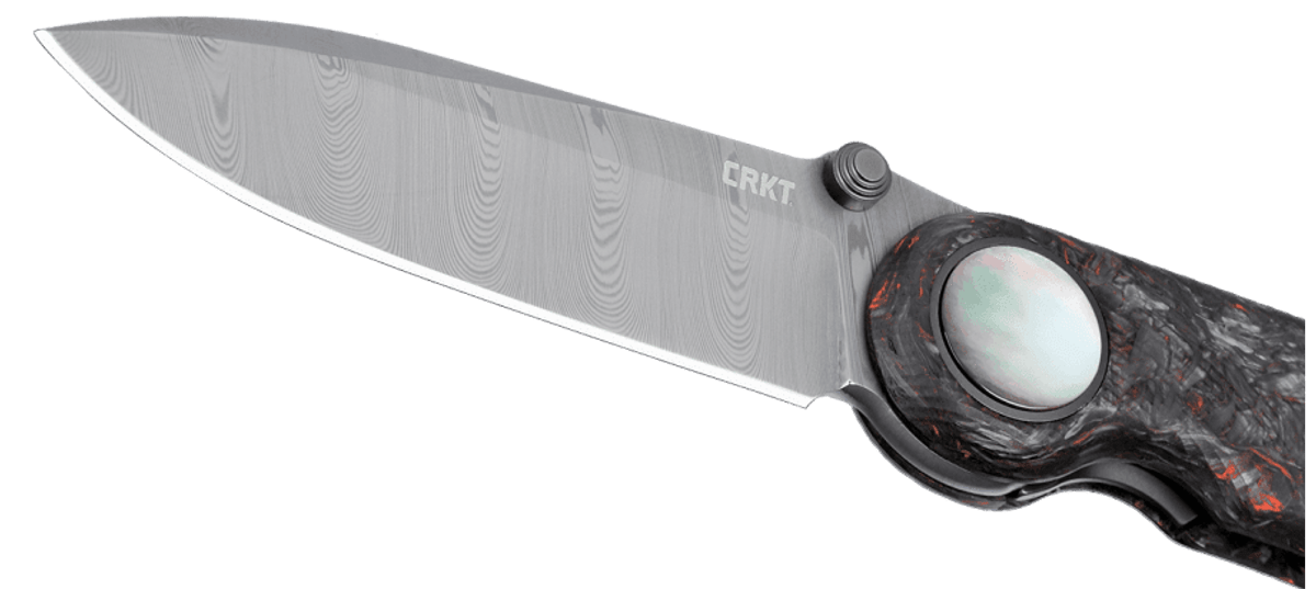 CRKT 4011 Pursue Michael Walker Liner Lock Folding Knife - Twist Damasteel Drop Point Blade, Contoured Red Dark Matter FatCarbon Handles & Mother of Pearl Pivot - Perfect for EDC, Camping, Hunting and Outdoor Adventures