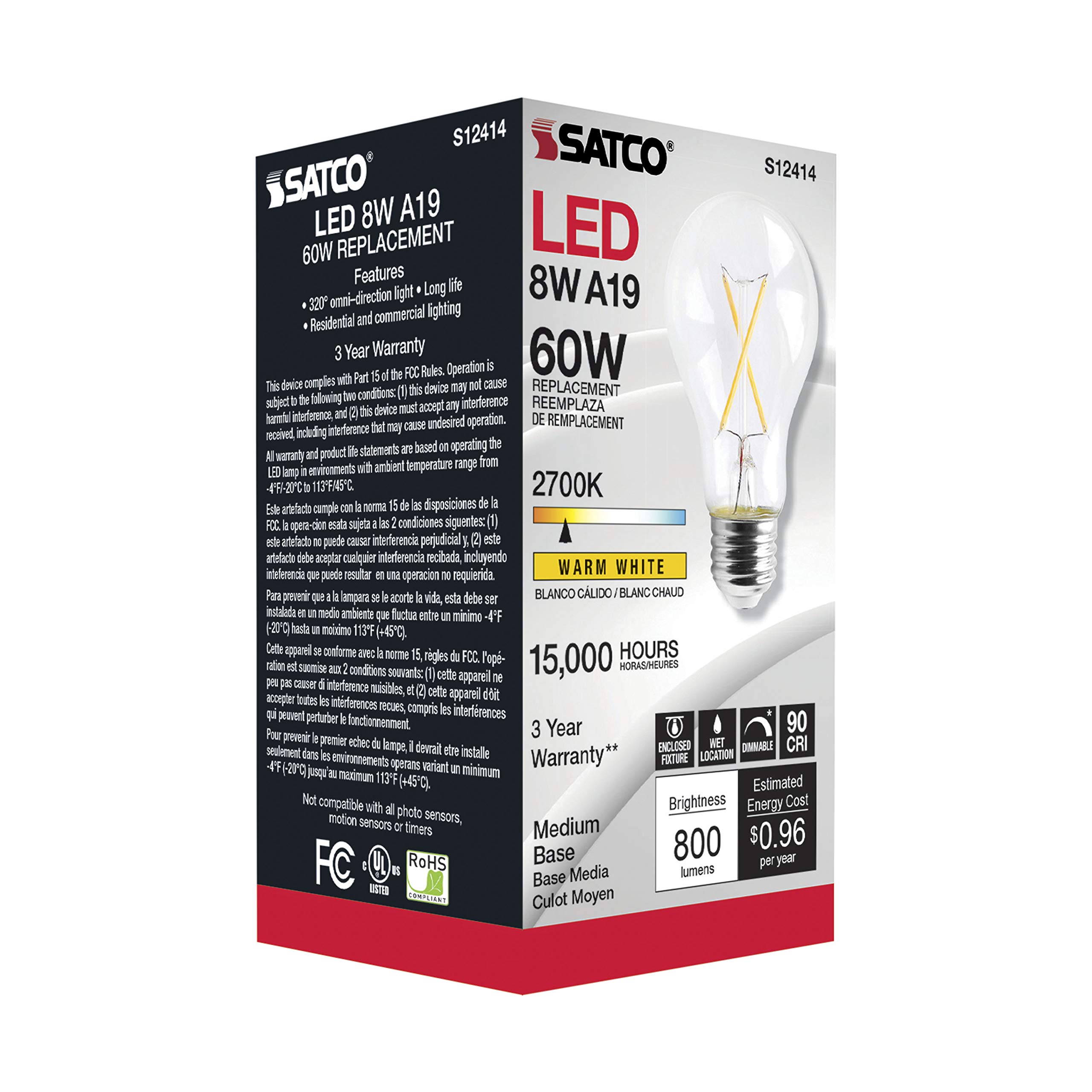 Satco S12414 Dimmable LED Filament Light Bulbs - 8W A19, 2700K Warm White, 90 CRI, 120V - High Lumen Energy Efficient Clear Glass Bulb with Medium Base - Perfect for Home, Hotel, Retail & Office Lighting (Pack of 24)