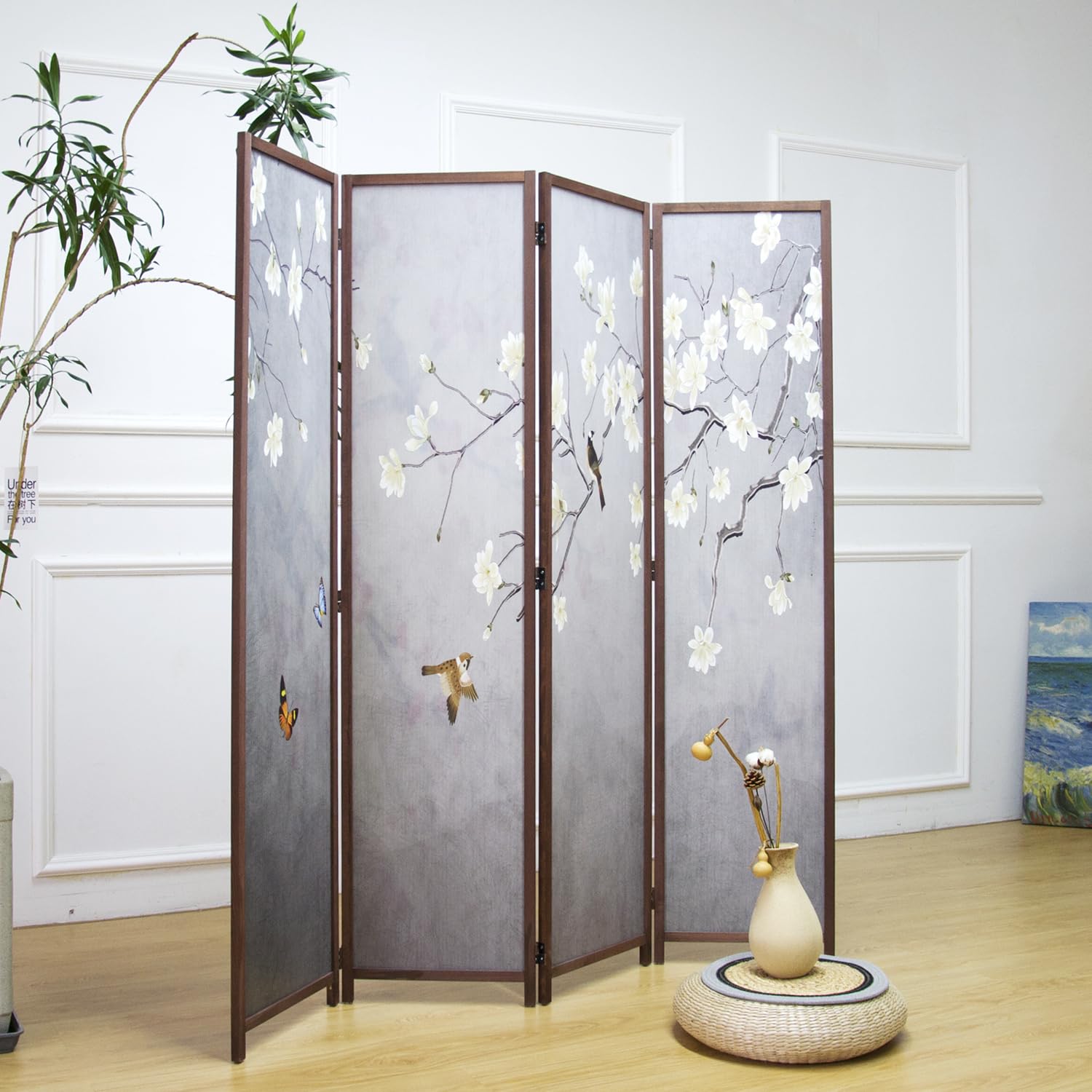 4 Panel Room Divider Screen - Double Sided Blackout Folding Partition for Home & Office - Magnolia Plum Floral Design (67