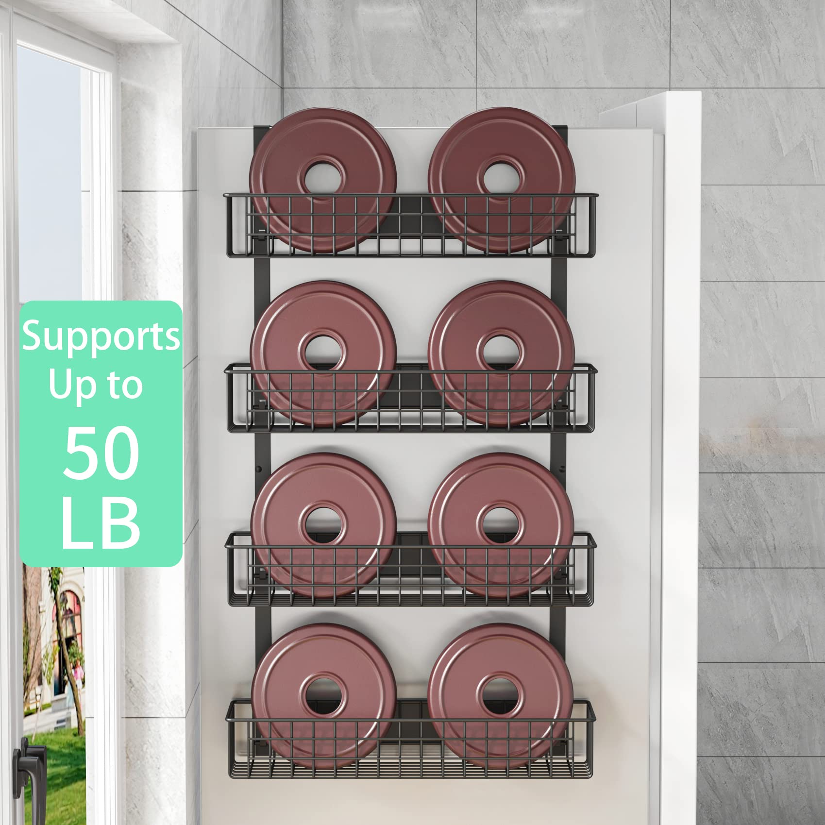 4 Tier Magnetic Spice Rack Organizer - Strong Refrigerator Spice Shelf with Utility Hooks for Kitchen Storage - Holds Seasoning Bottles, Plastic Wraps & Garbage Bags - Perfect for Pantry, Fridge & Small Space Organization (Black)