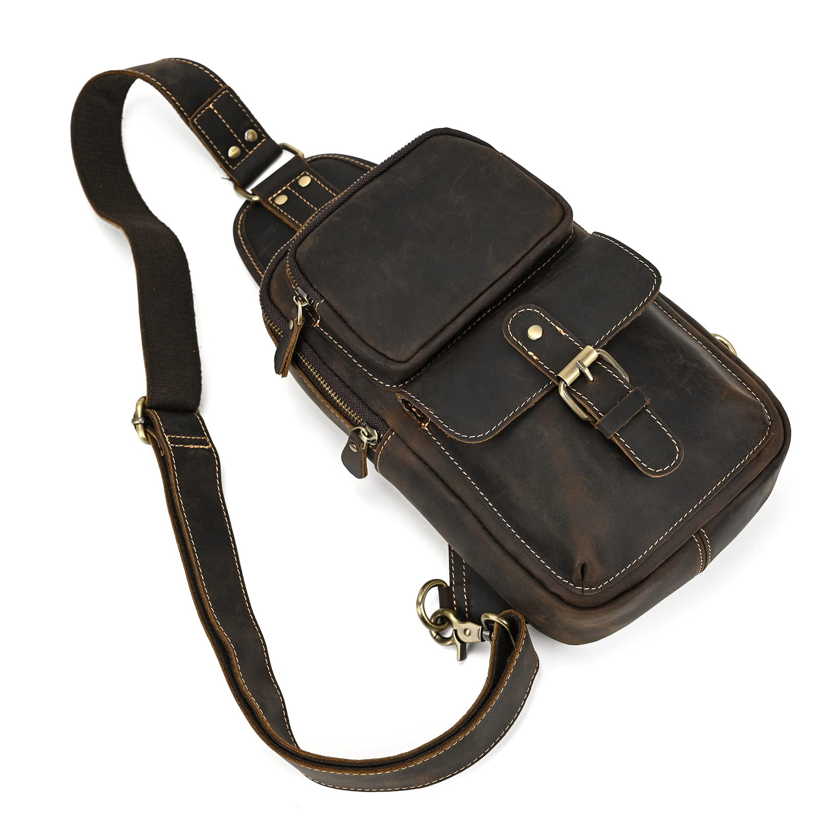 Men's Leather Crossbody Chest Sling Bag - Fashionable Casual Travel & Hiking Shoulder Strap Bag (Dark Brown) - Perfect for Outdoor Adventures, Daily Commute & Hands-Free Convenience