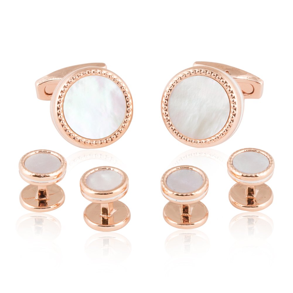 Elegant Rose Gold Mother of Pearl Cufflinks & Studs Set for Men - Formal Wedding & Business Attire - Luxury Gift Box Included