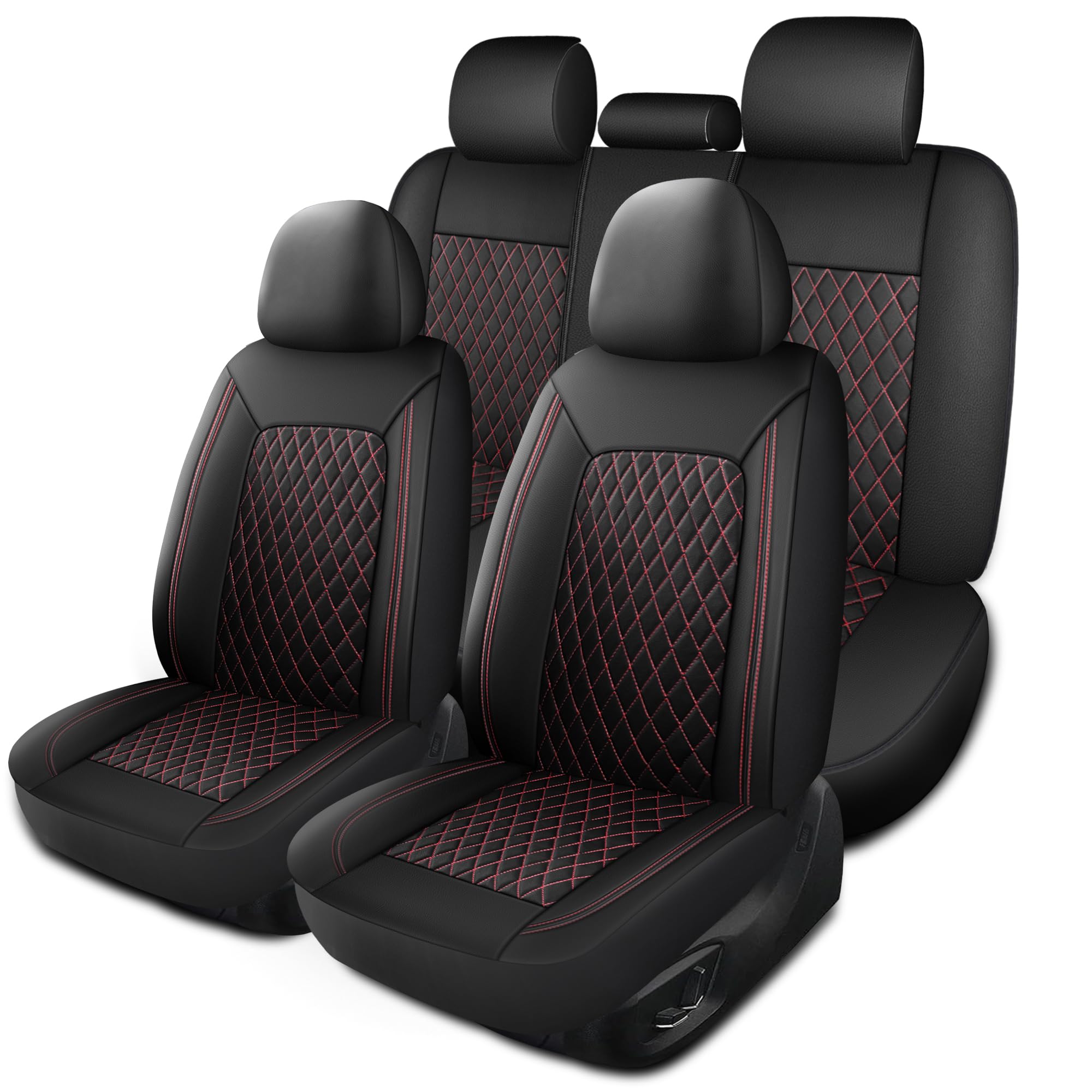 Premium PU Leather Car Seat Covers Full Set - Breathable, Waterproof, Universal Fit for Sedans, SUVs, Vans & Trucks - Airbag Compatible (Black+Redline) - Perfect for Road Trips, Daily Commuting & Vehicle Protection