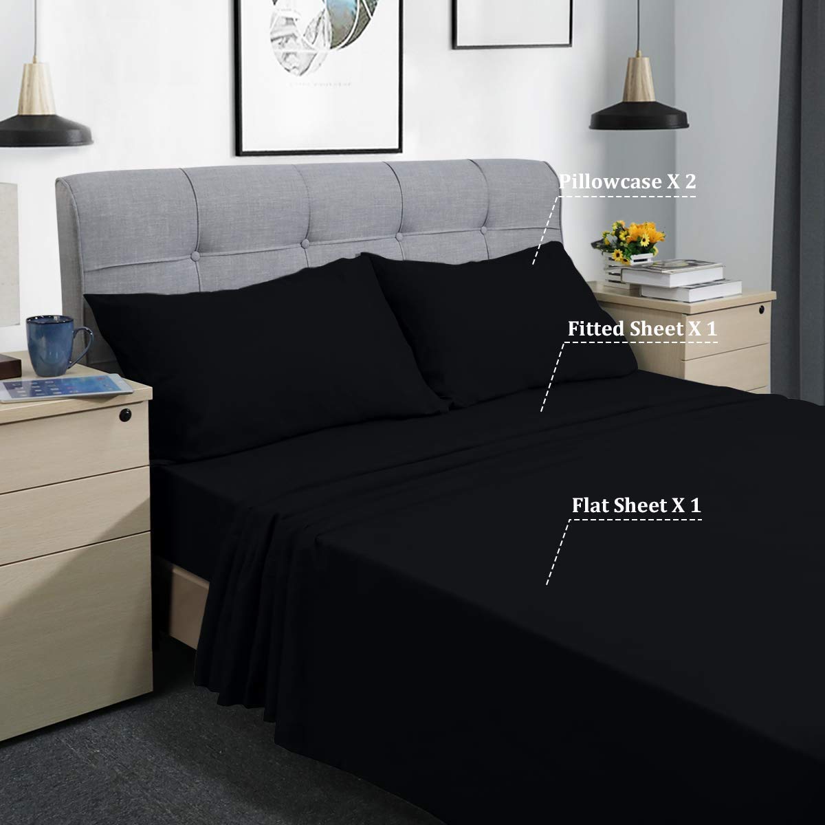 Super Soft 800 Thread Count Egyptian Cotton Bed Sheet Set - 4 Piece Twin Size with 16 Inch Deep Pocket - Breathable & Hypoallergenic for Ultimate Comfort | Perfect for Guest Rooms, Dorms & Cozy Bedrooms (Black)