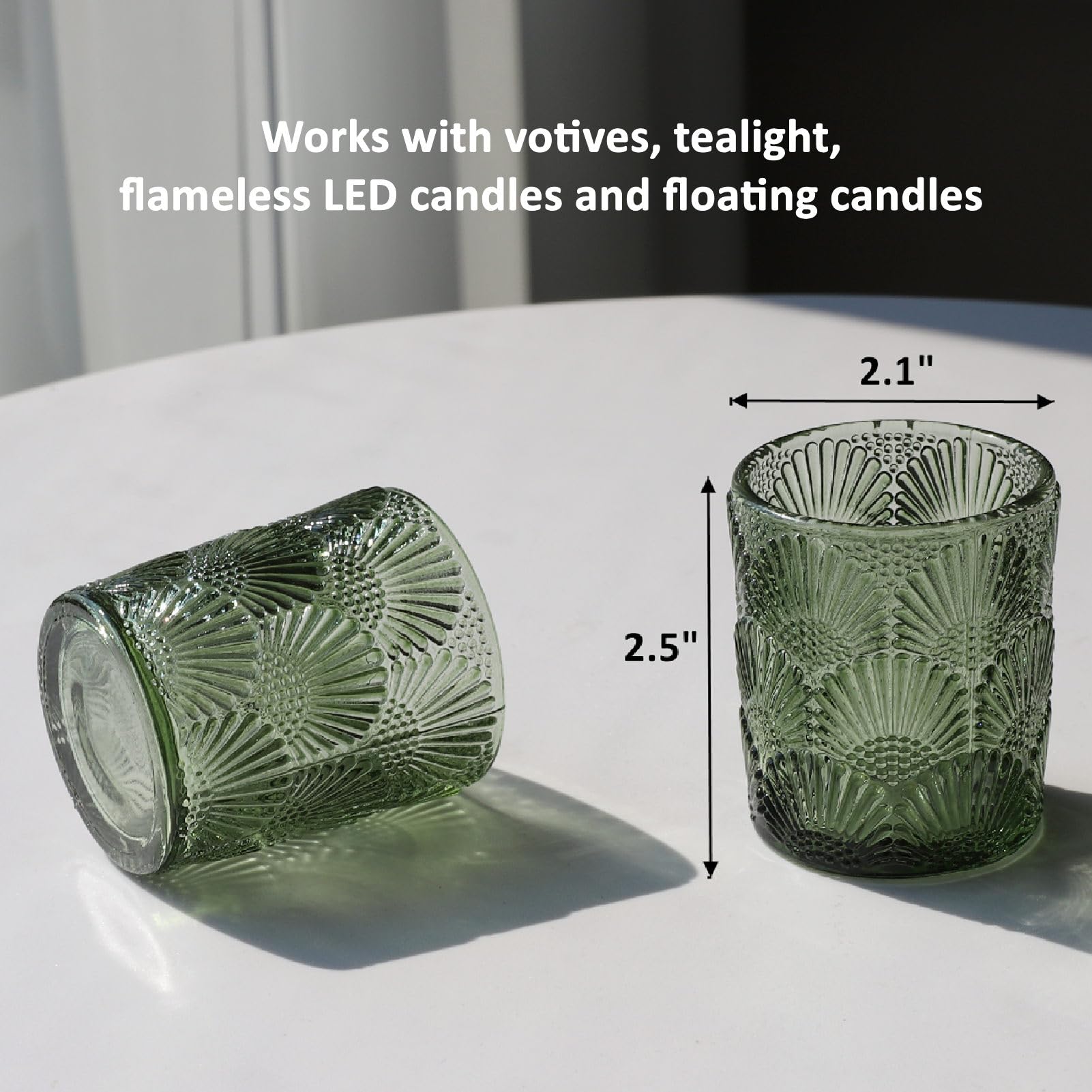 Woho Set of 12 Green Glass Votive Candle Holders - Tealight Candle Holders for Wedding Centerpieces, Fall Decor, Thanksgiving & Christmas Table Decorations - Perfect for Romantic Dinners, Holiday Parties & Home Ambiance