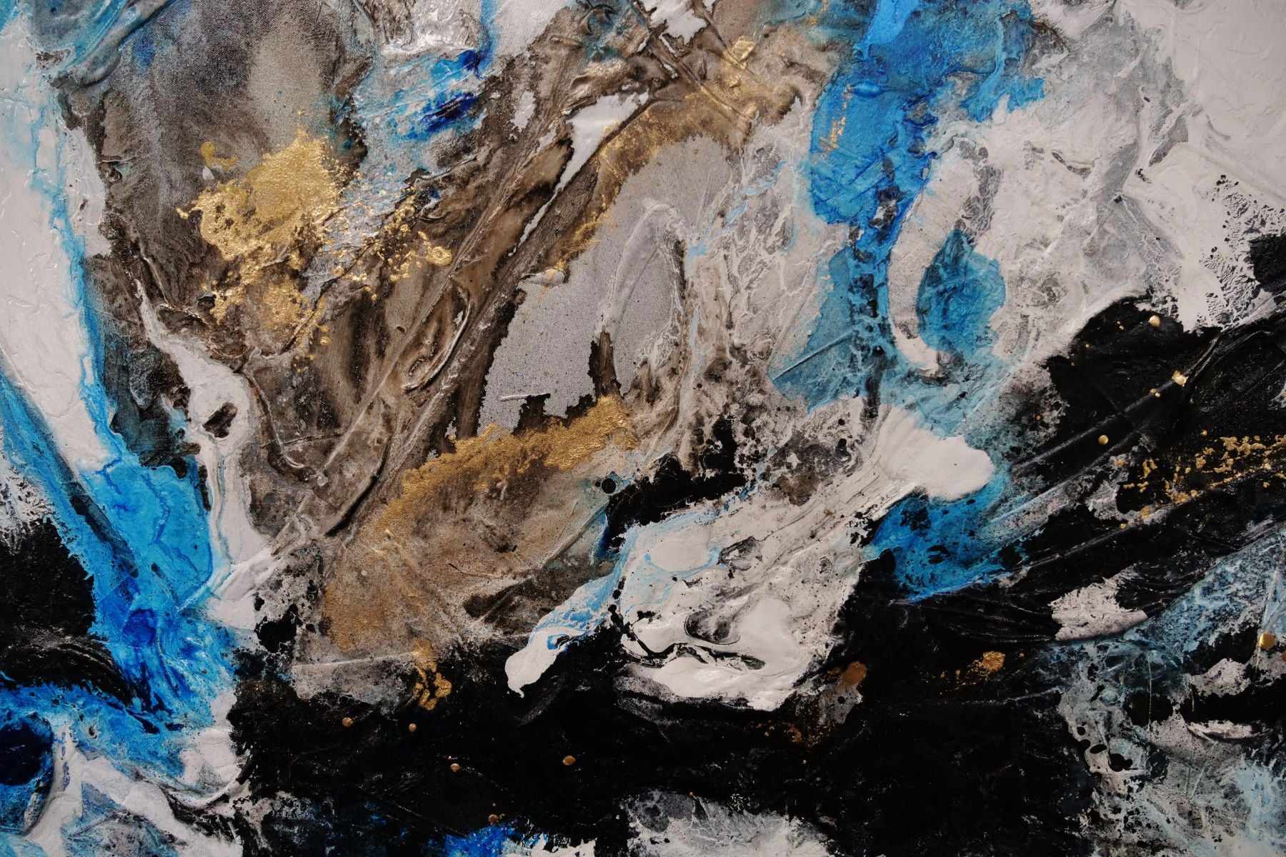 250cm x 150cm Metallic Gold Blue Textured Abstract Wall Art Painting - Coastal Grunge Style for Living Room, Bedroom & Office Decor
