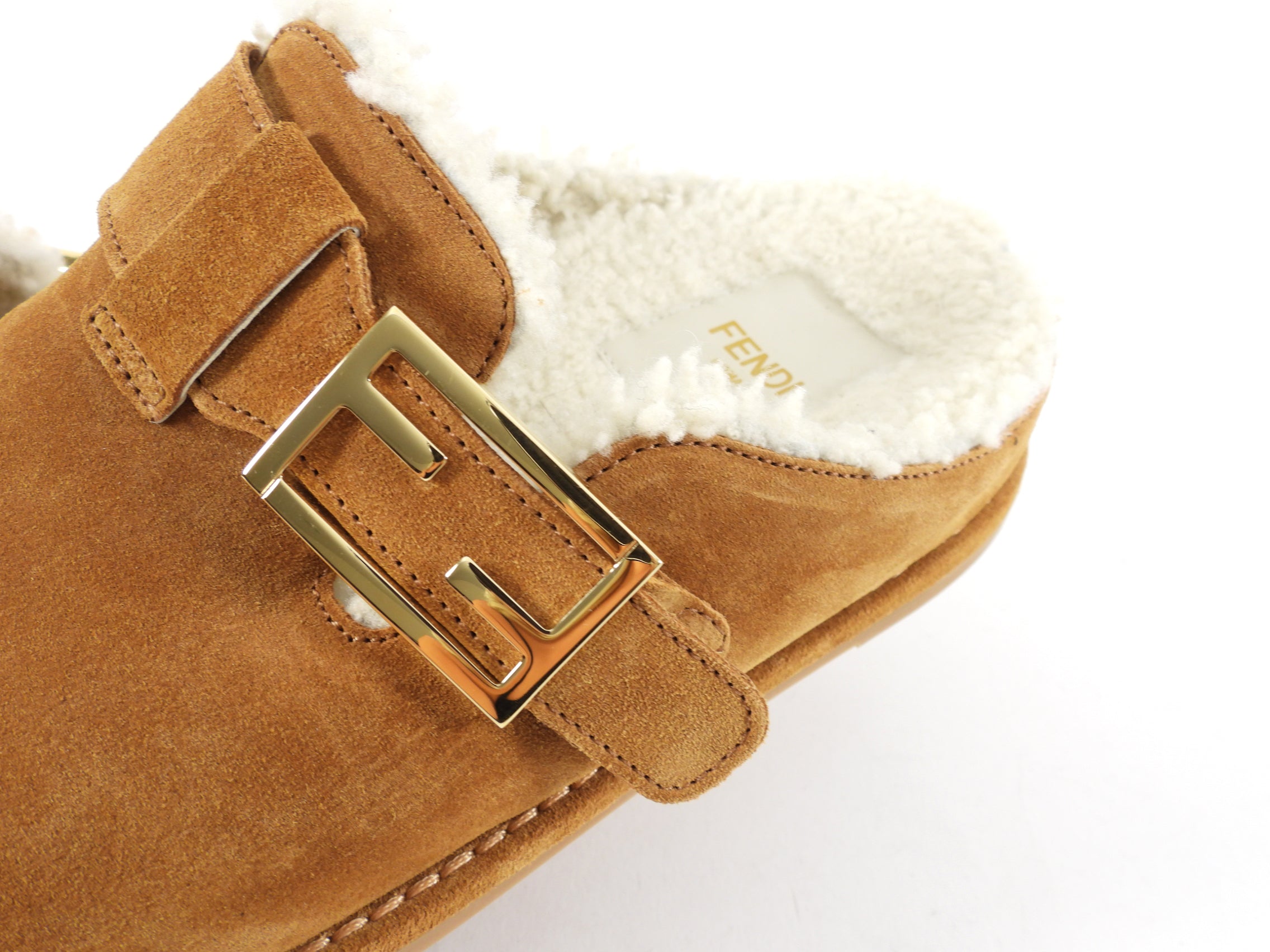 Fendi Women's Tan Shearling Flat Slides Size 37 - Cozy House Slippers for Indoor Comfort & Casual Wear