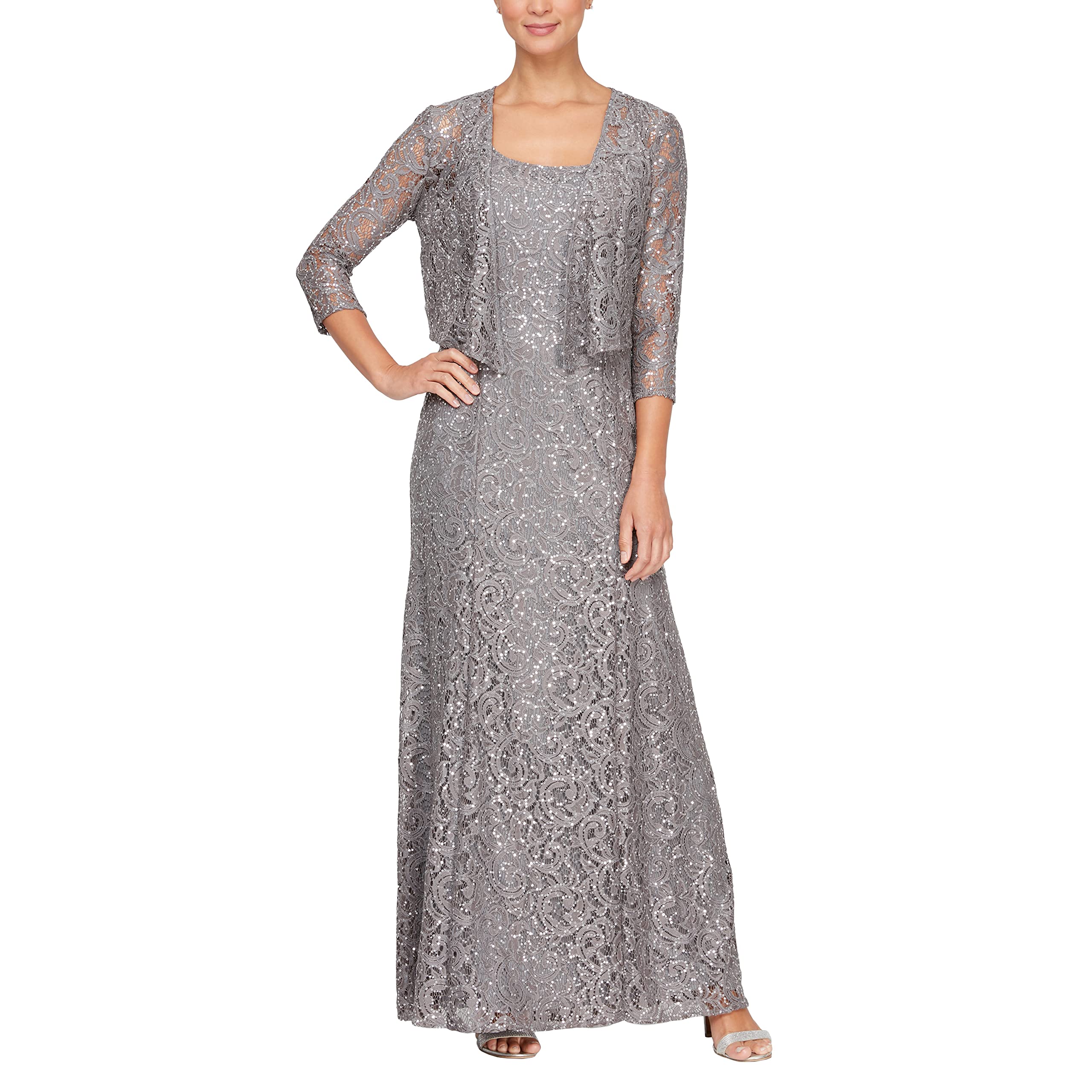 Alex Evenings Women's Long Lace Jacket Dress - Elegant Formal Evening Gown for Weddings, Prom & Special Occasions