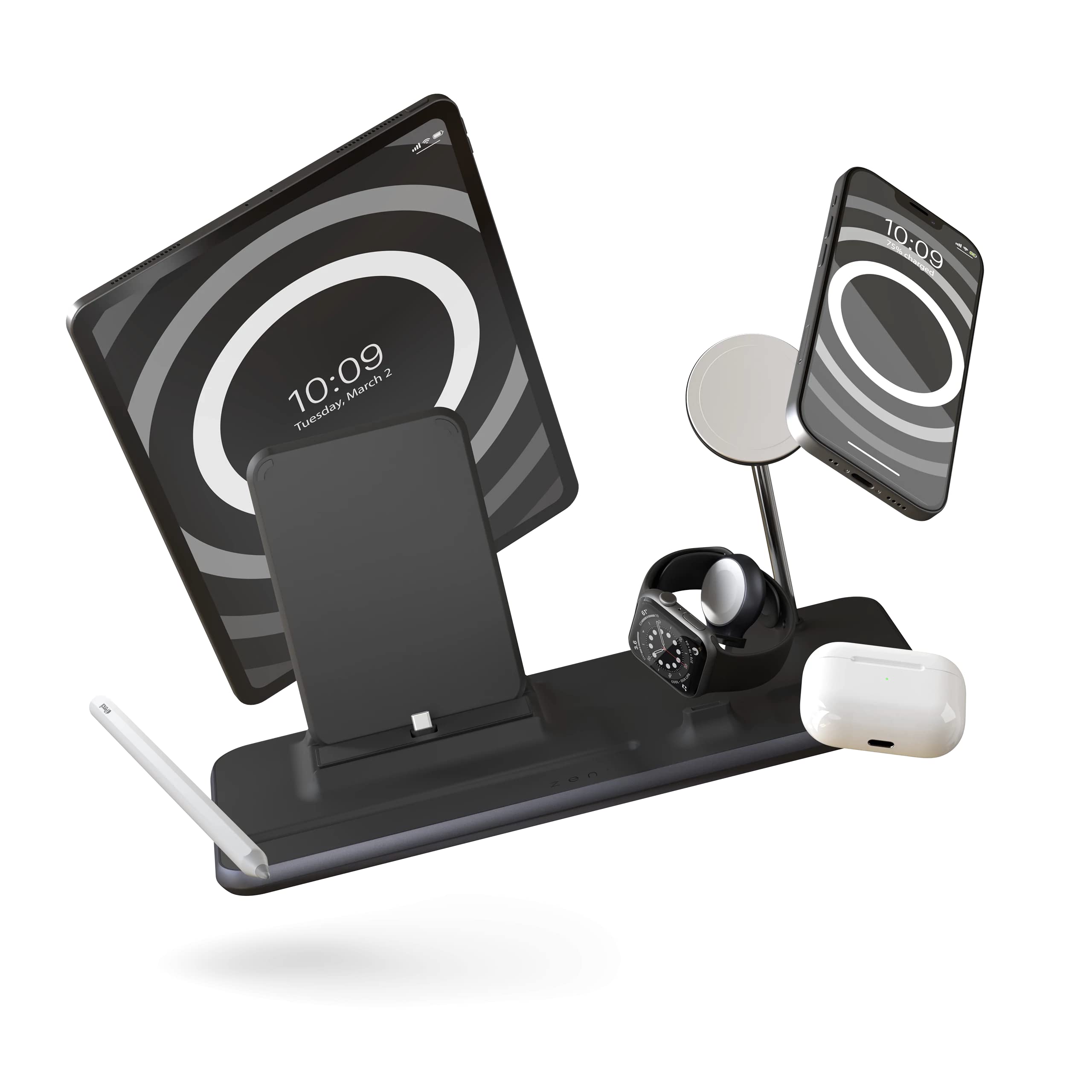 ZENS 4-in-1 MagSafe Wireless Charging Station for iPad & iPhone 16/15/14/13/12 | Fast Qi & MFi Certified Charger for AirPods & Apple Watch | Includes Power Adapter | Perfect for Home Office & Nightstand Charging
