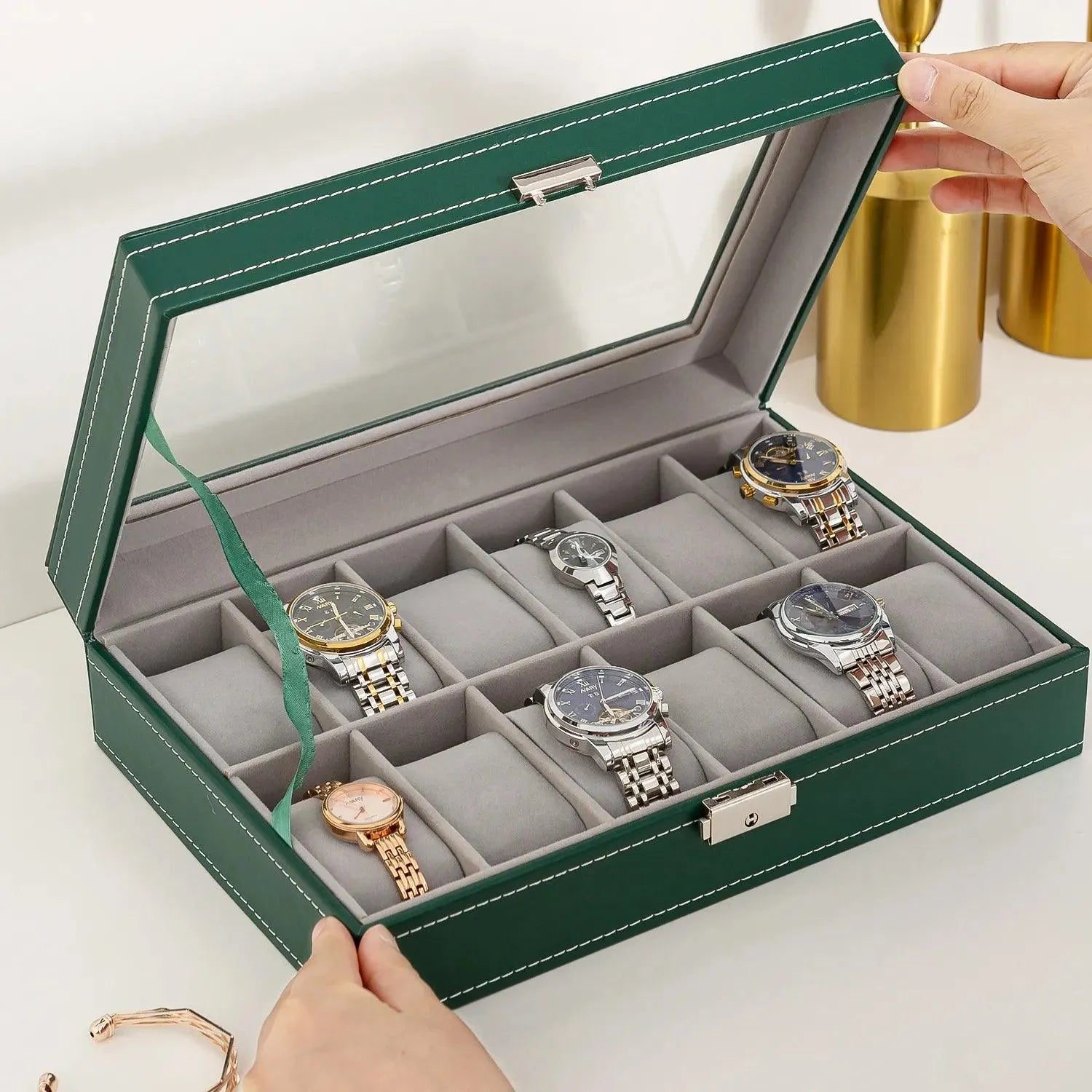 Premium PU Leather Watch Box Organizer - 6/10/12 Grids Display Case with Lock for Jewelry & Watches Storage | Perfect for Watch Collectors, Jewelry Organization & Gift Presentation