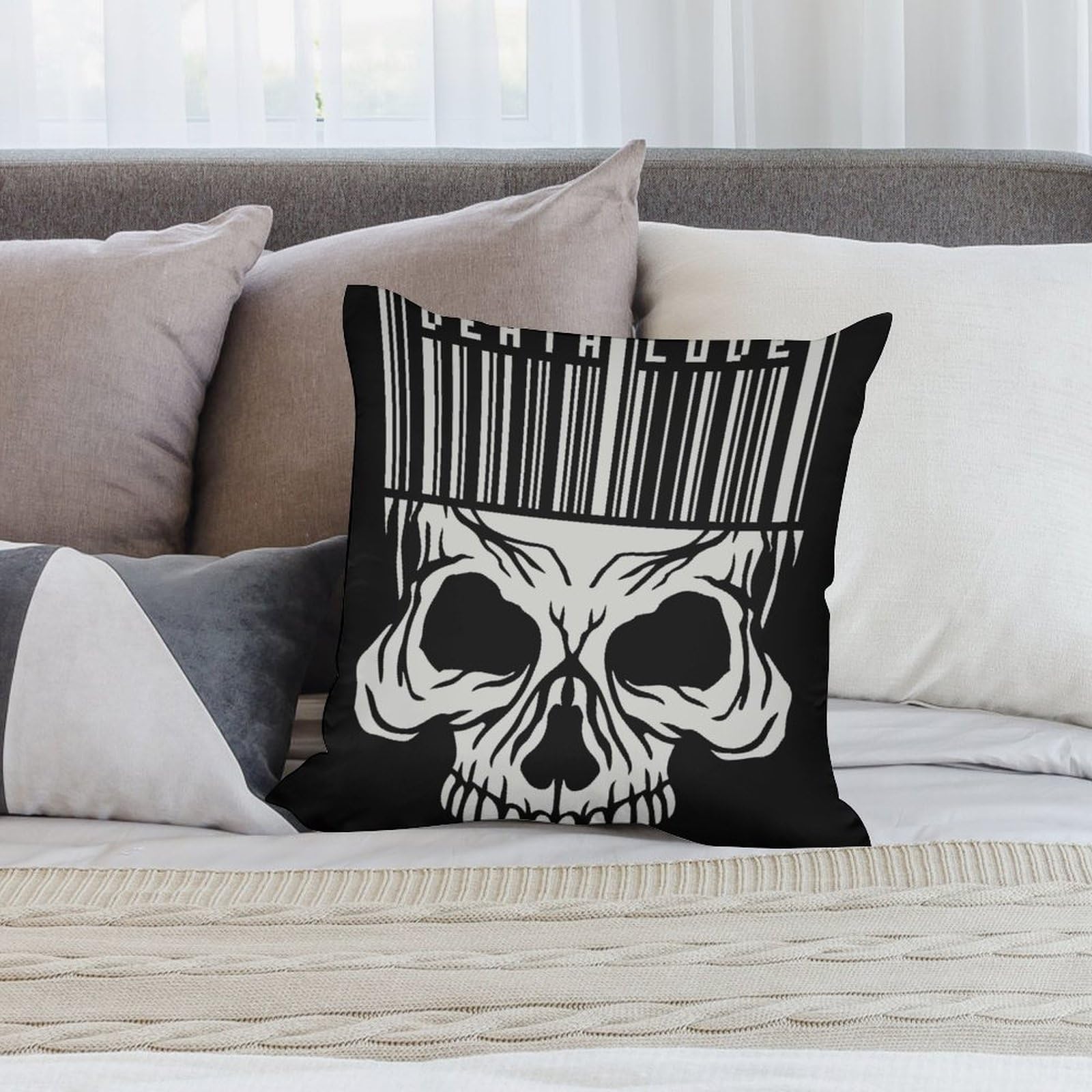 Gothic Skull Print Polyester Pillow Covers - Soft 20x20 Inch Square Decorative Cushion Case for Sofa, Bed, Living Room & Halloween Home Decor