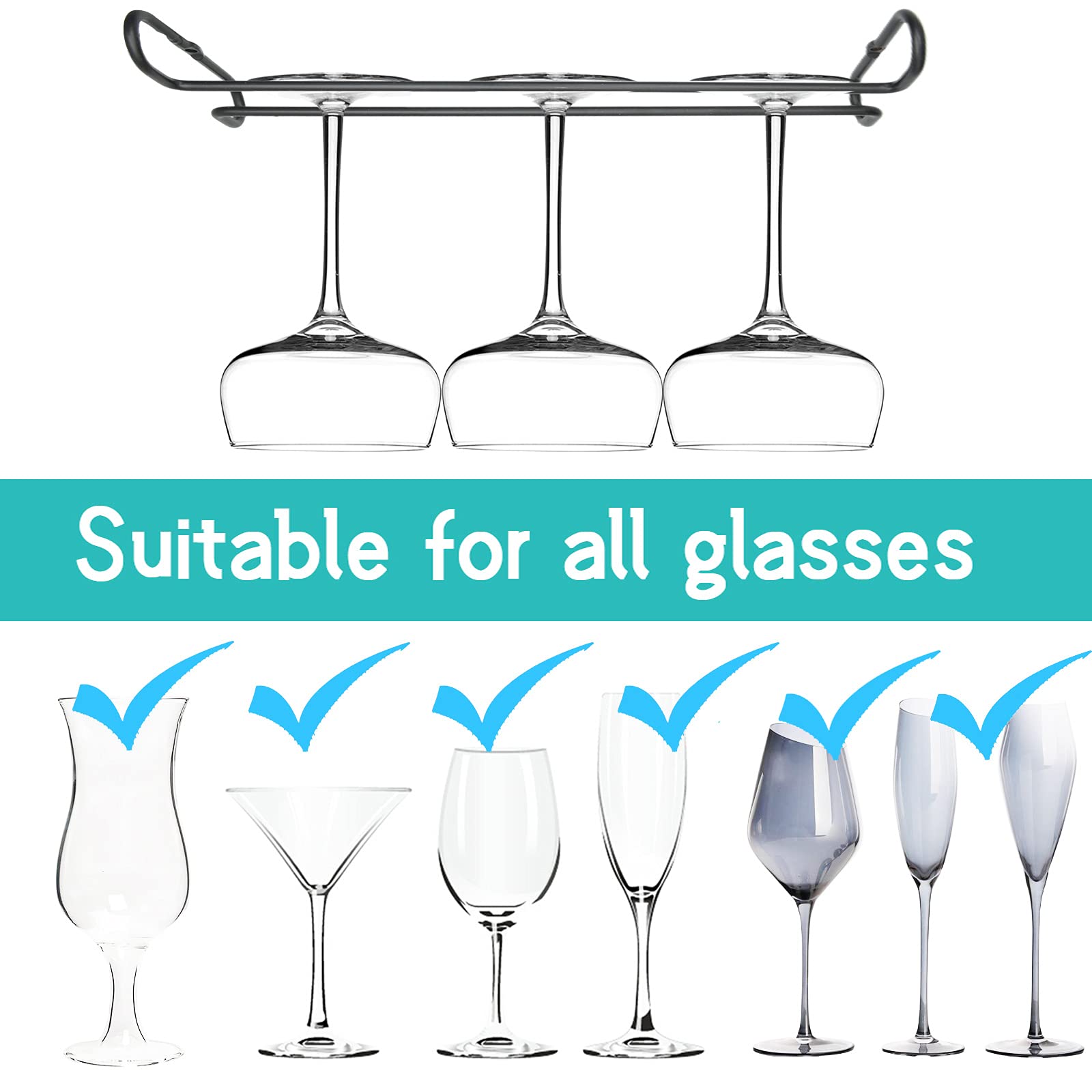 10 Inch Under Cabinet Wine Glass Rack - Stemware Storage Hanger & Organizer with Drying Function - Heavy Duty Metal Kitchen & Bar Accessories (Set of 2, Black) - Perfect for Small Spaces, Wine Cellars & Home Bars