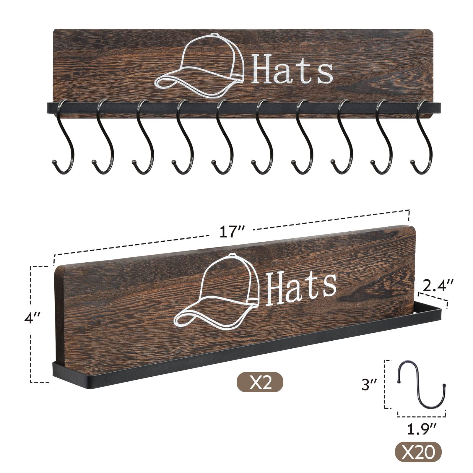 FANGSUN Wooden Wall Mounted Hat Rack with 20 Hooks - Rustic Metal Baseball Cap Organizer & Display for Closet, Bedroom, Entryway - Set of 2 - Perfect for Organizing Caps, Hats, and Accessories in Small Spaces