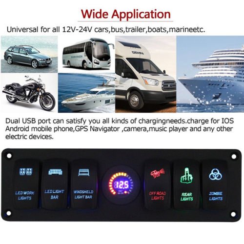 12V Rocker Switch Panel with 6 Gang Circuit Breaker & LED Voltmeter - Waterproof for RV, Car, Boat, Marine & Off-Road Vehicles (Dashboard & Control Panel Installation)