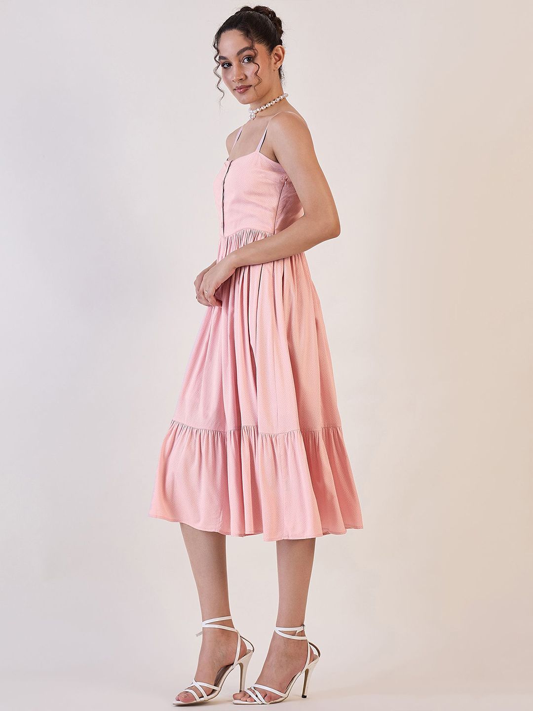 Stylish Pink Dotted Strappy Fit and Flare Dress for Women | Summer Party, Date Night & Casual Outings