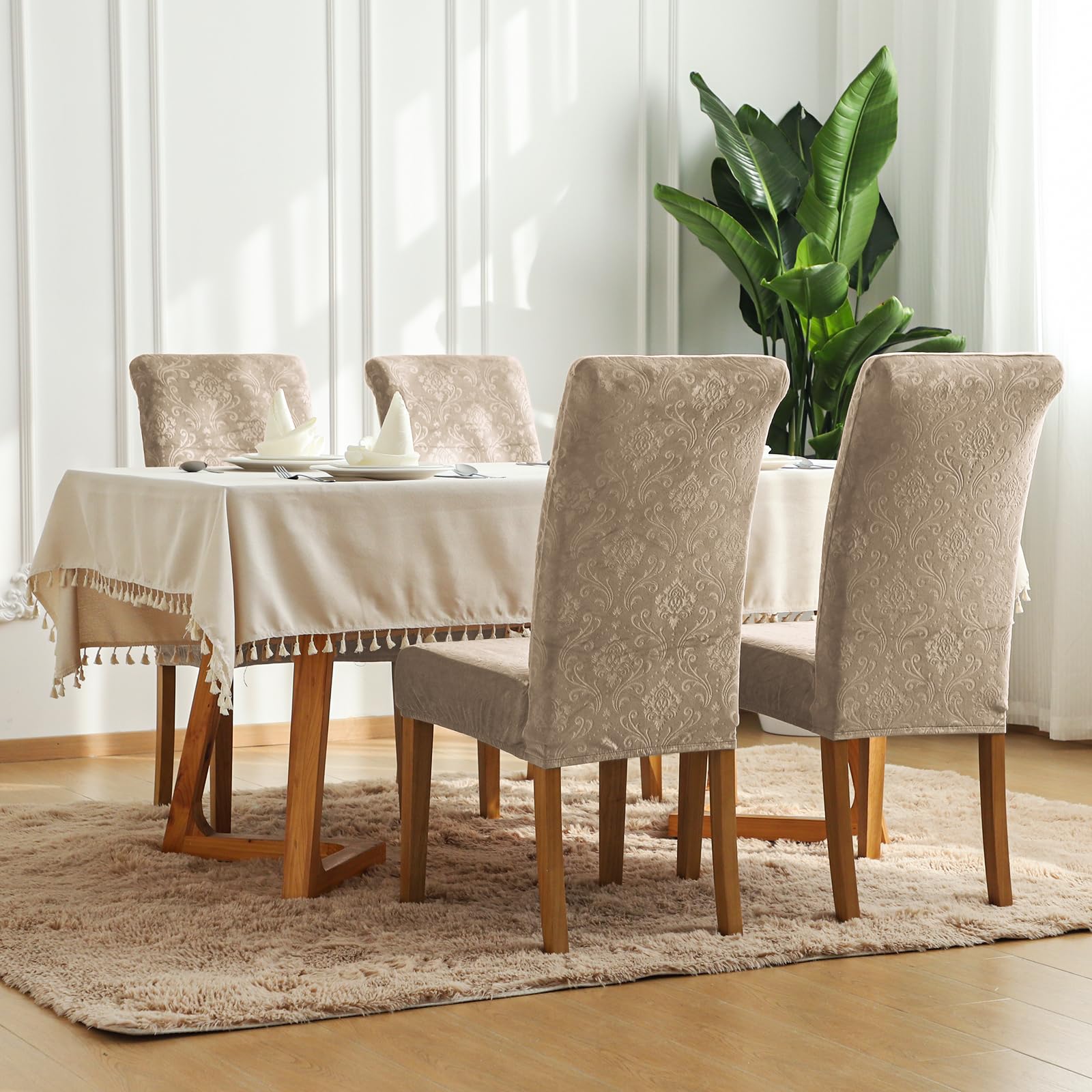 FORCHEER 4-Pack Velvet Beige Stretch Dining Chair Covers - Elegant Slipcovers for Parsons Chairs, Kitchen & Dining Room Furniture Protection - Perfect for Home, Party & Wedding Decor