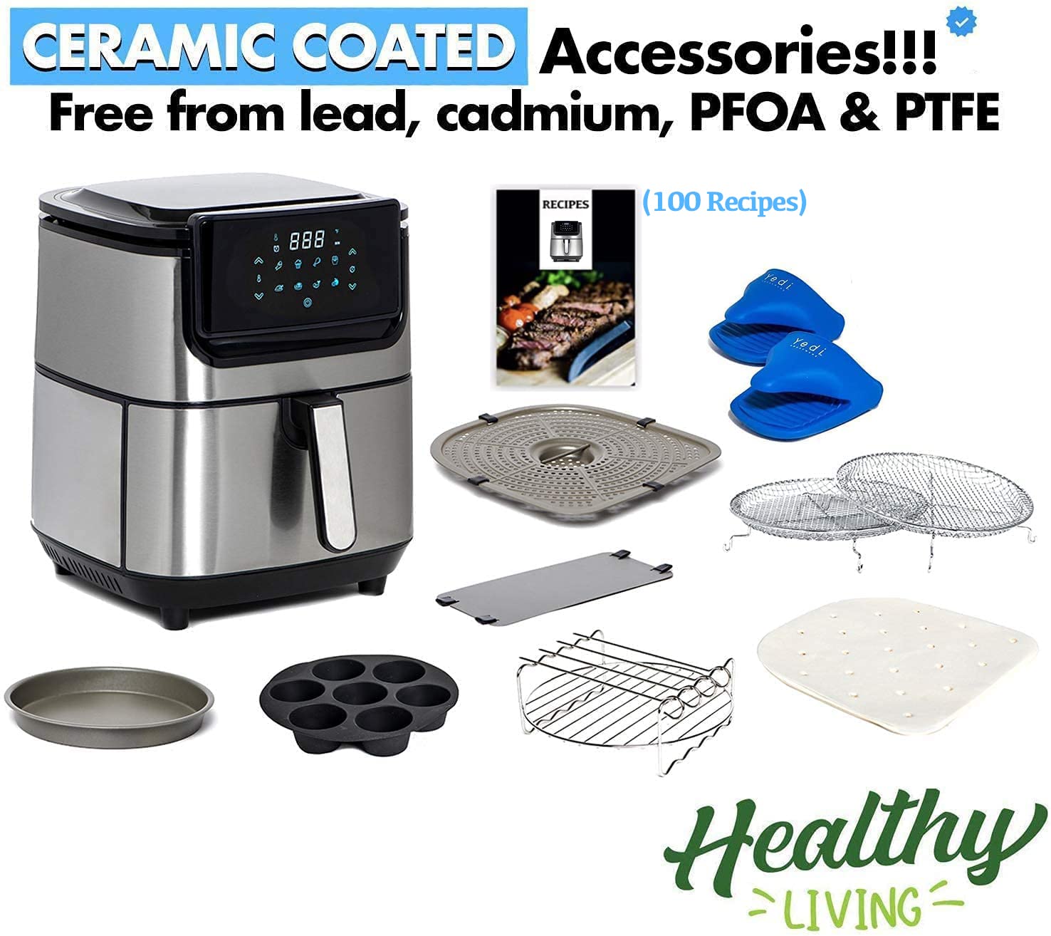 Yedi Evolution Air Fryer 6.8 Quart - Stainless Steel Digital Air Fryer with Ceramic Non-Stick Basket, Deluxe Accessory Kit & Recipe Book - Healthy Oil-Free Cooking for Family Meals, Snacks & Meal Prep