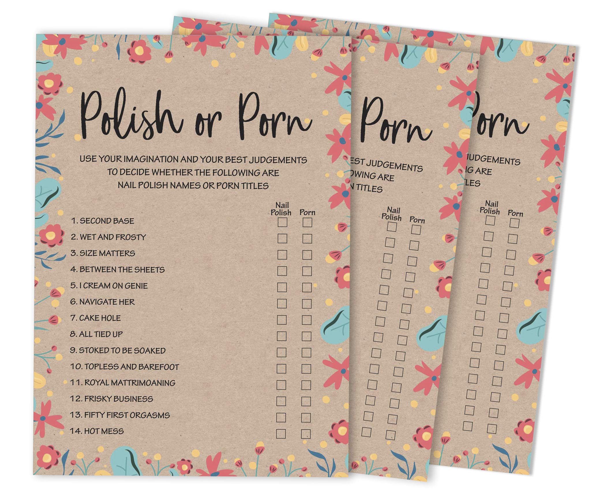50-Pack Rustic Kraft Floral Bachelorette Party Cards - Bridal Shower Games, Polish or Porn Game Set for Wedding Celebrations & Girls' Night Activities
