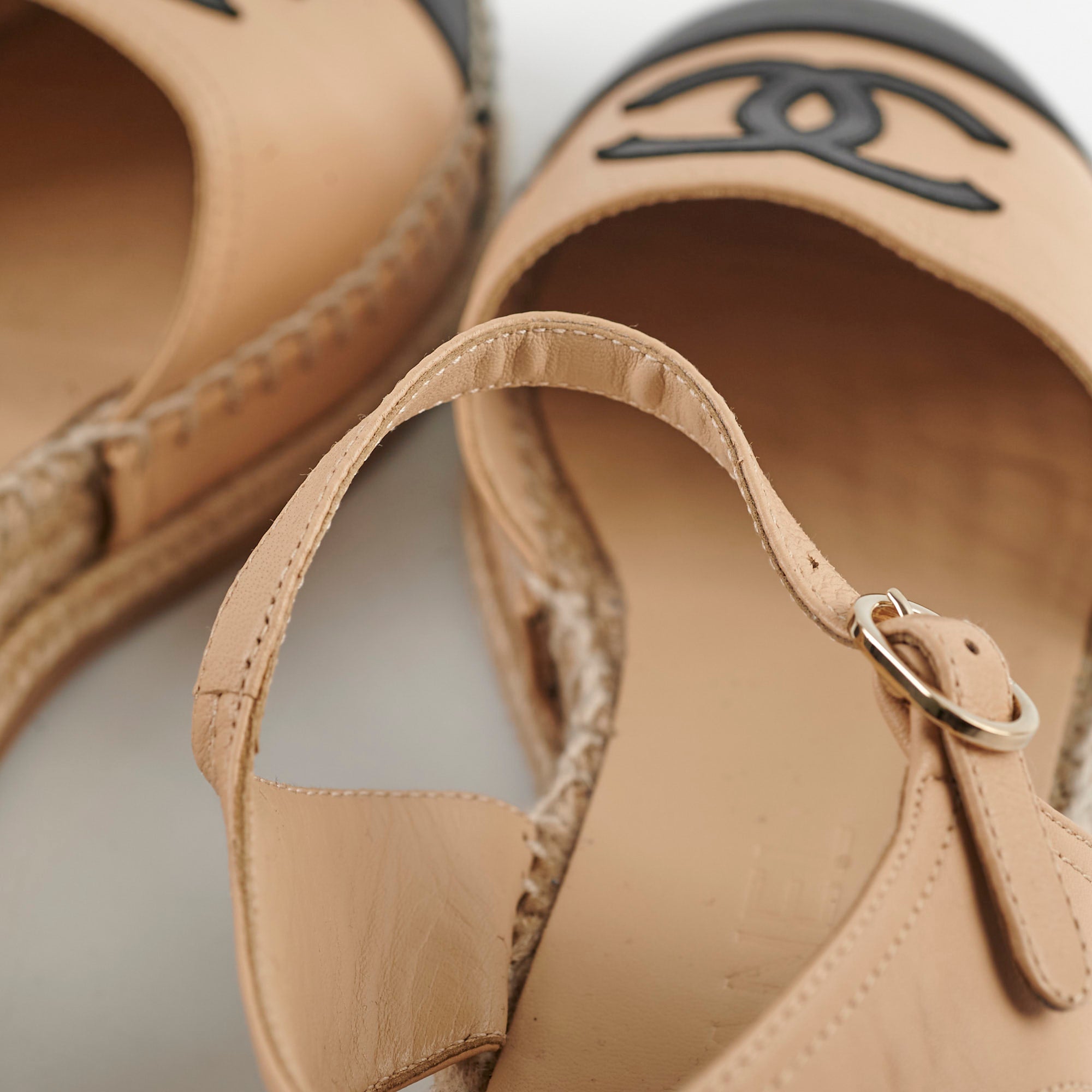 Chanel Beige & Black Open-Toe Espadrilles Flats - Size 36 | Comfortable Summer Sandals for Beach, Vacation & Casual Outings