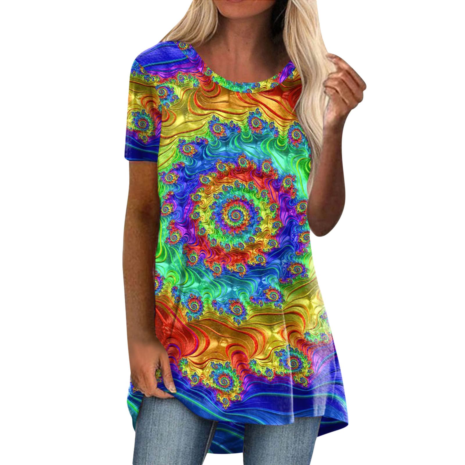 Plus Size Women's Floral Print Short Sleeve T-Shirts - Round Neck Loose Fit Summer Blouses for Casual Wear, Outings & Beach Vacations
