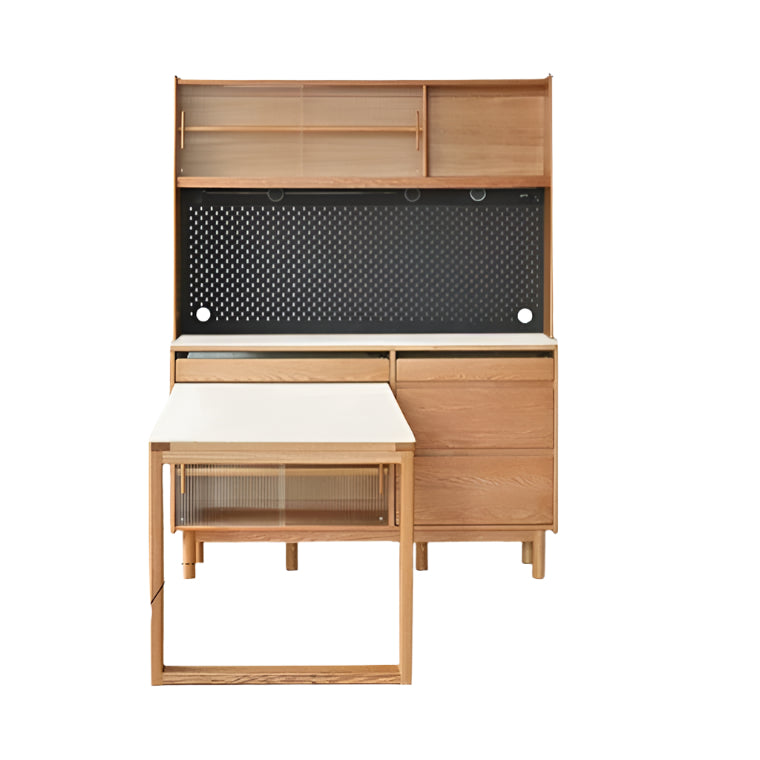 59.1x(65.9-75.0)x75.9 inch / 150x(167.3-190.4)x192.7 cm / natural wood color / table sideboard + upper shelf + power rail