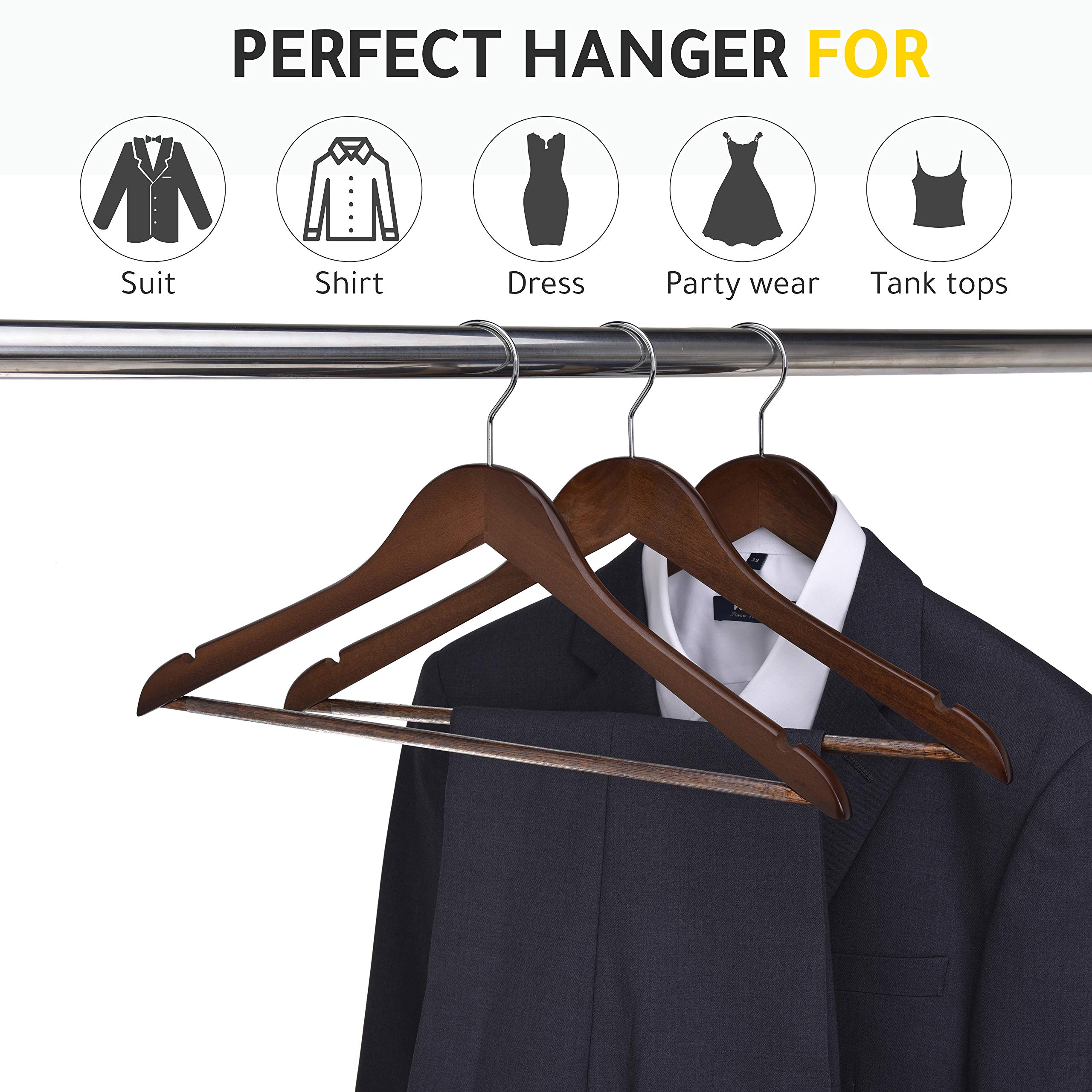 Premium Solid Wooden Hangers - 20 Pack Slightly Curved Coat Hangers with Chrome Hooks - Heavy Duty Clothes Hangers for Jackets, Shirts, Pants & Suits - Walnut Finish Retro Style - Perfect for Closet Organization & Luxury Wardrobe Display