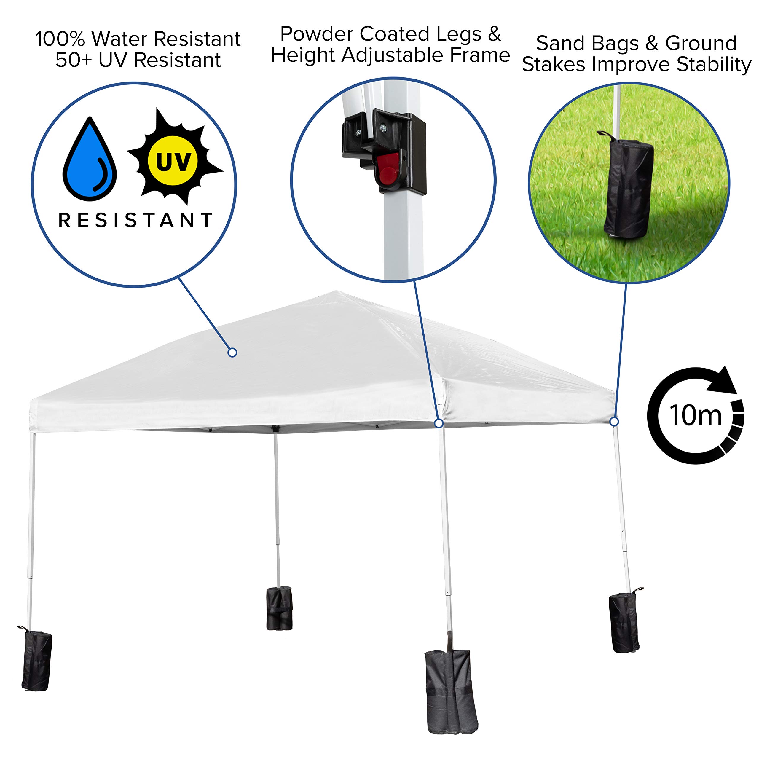 10'x10' White Pop Up Canopy Tent with Straight Legs, Sandbags & Wheeled Carry Case - Perfect for Outdoor Events, Farmers Markets, Beach Parties & Camping