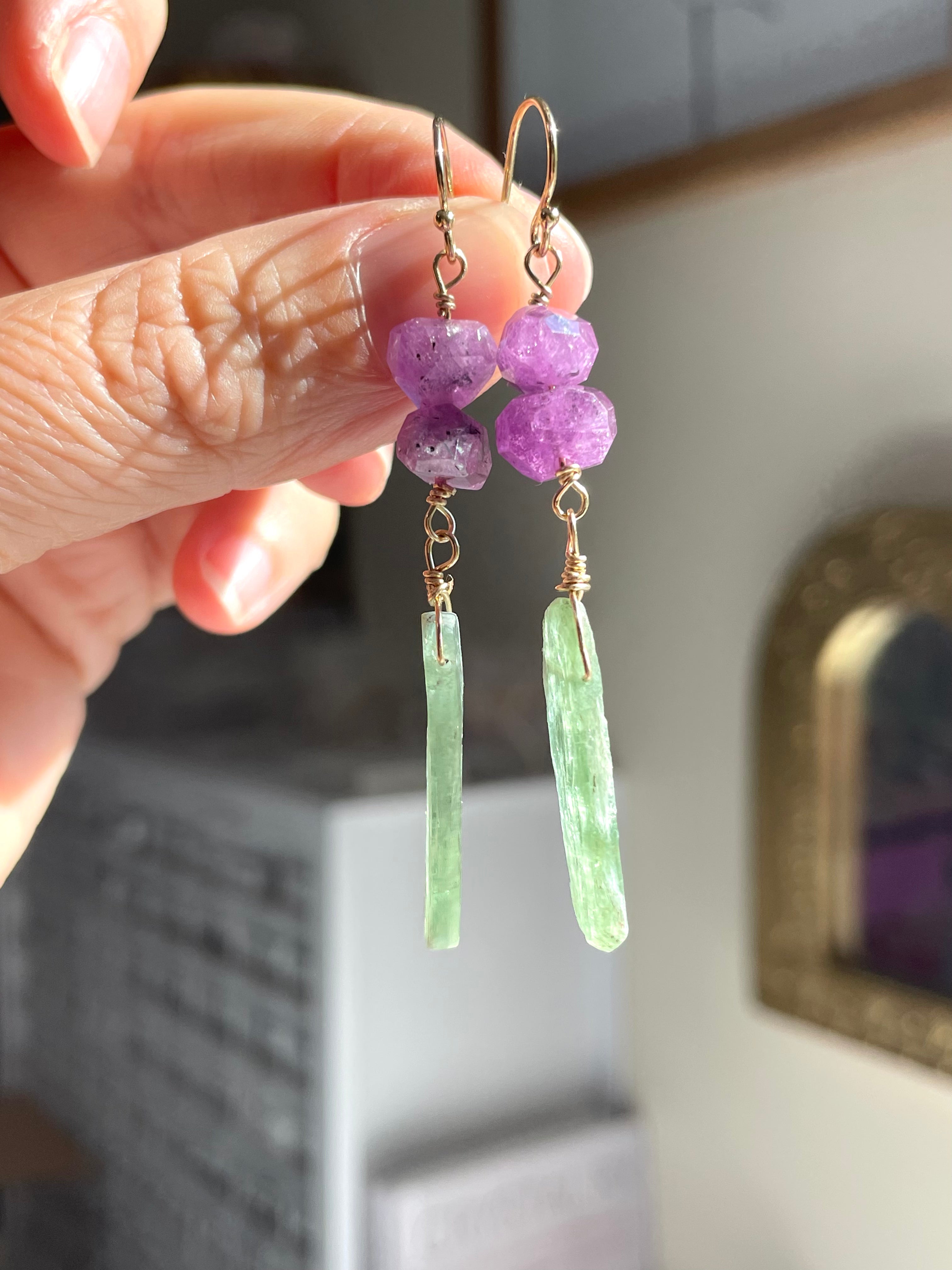 Exquisite Pink Sapphire & Green Kyanite Dangle Earrings for Women | Unique Handmade Jewelry Gift | Perfect for Weddings, Parties & Special Occasions