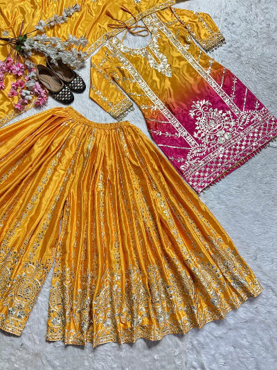 Elegant Mango Chinon Silk Digital Print Festive Sharara Palazzo Suit Set for Women | Party Wear, Wedding Guest Outfit, Special Occasion Ethnic Fashion