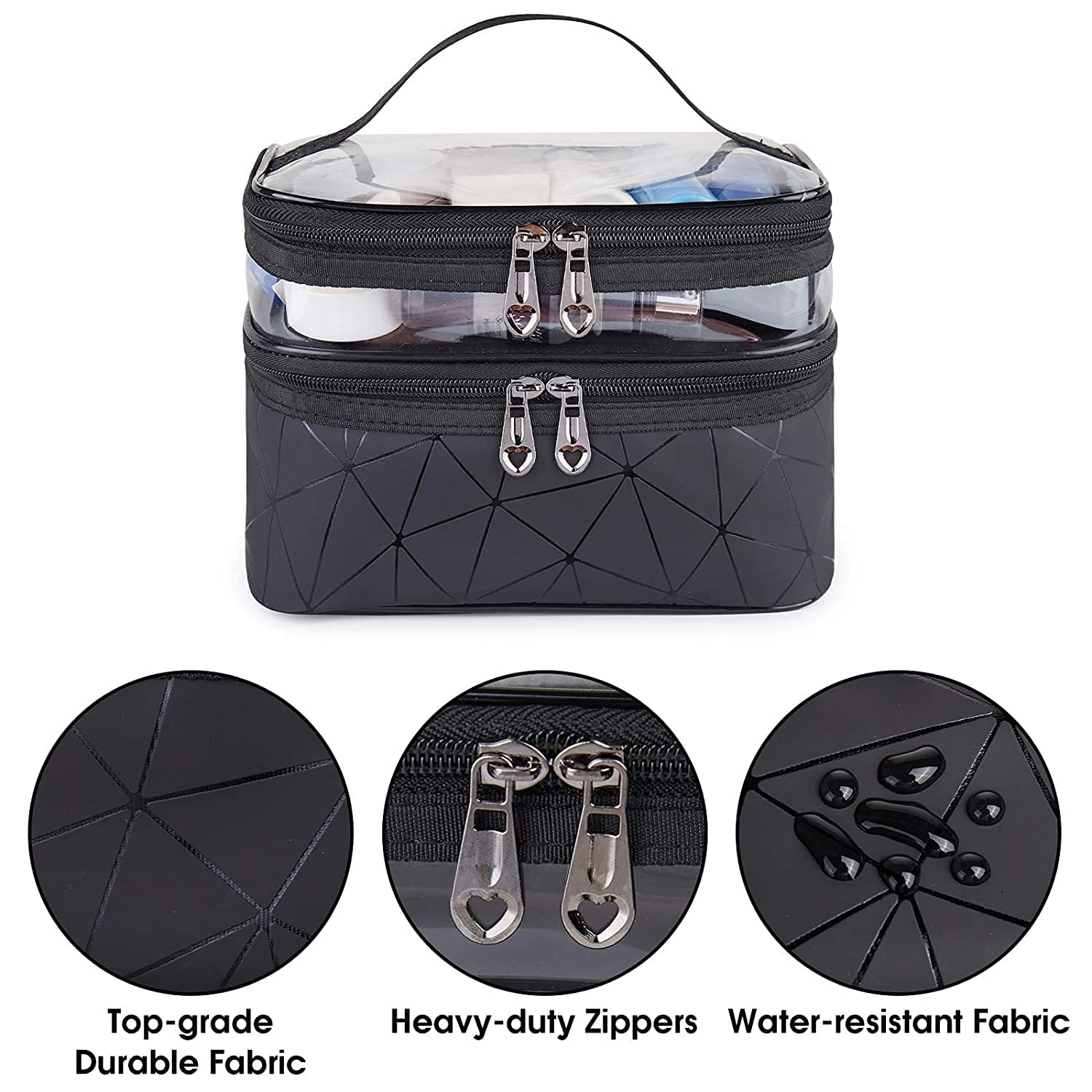 BESTOTTAM Makeup Travel Organizer Bag - Waterproof Cosmetic Case for Women, Toiletry Pouch with Brush Holder (Black) | Perfect for Air Travel, Vacation & Daily Makeup Storage