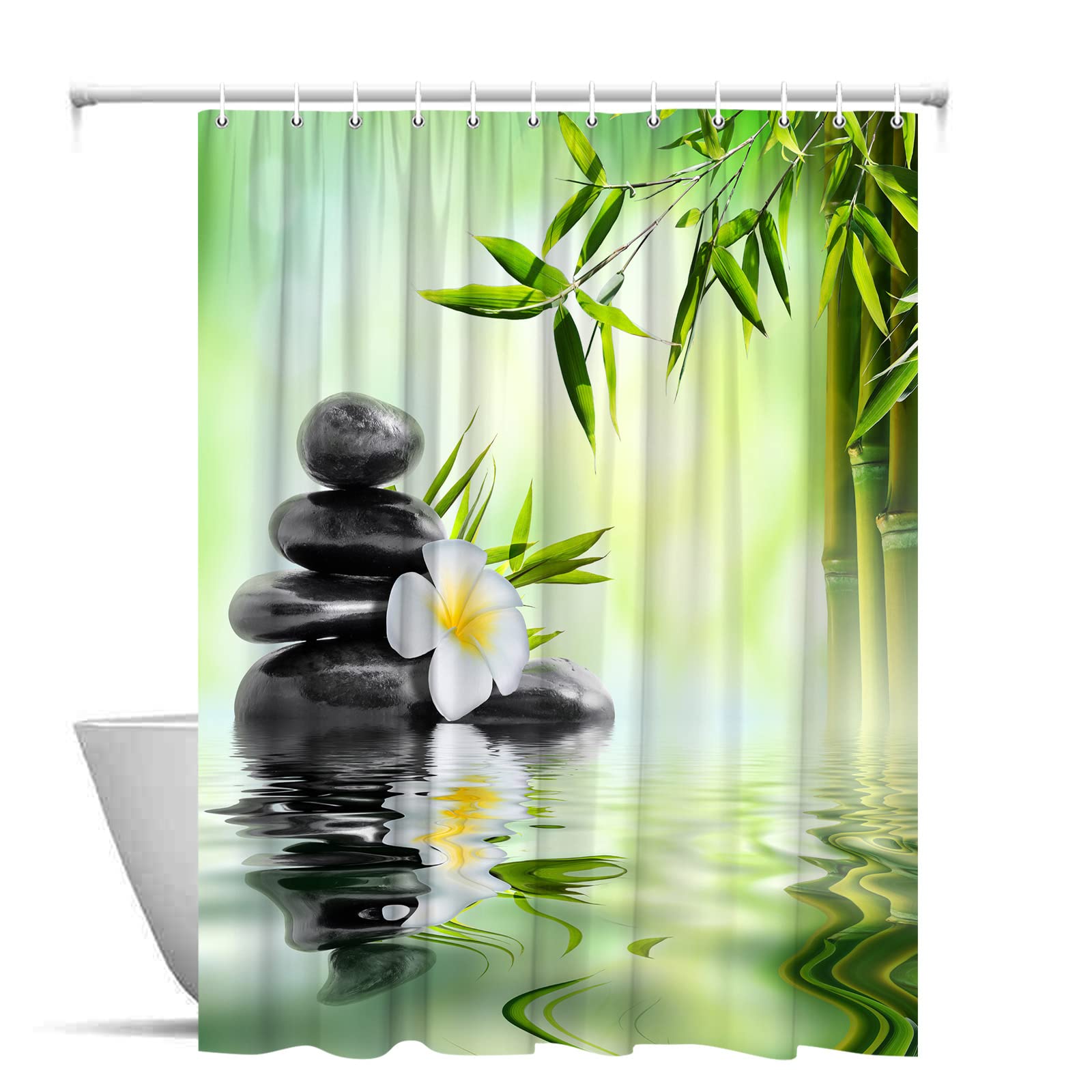 Zen Garden Shower Curtain - Green Bamboo Leaf & White Flower Design with Black Stone Water Landscape - Spa Themed Bathroom Decor - 70 x 70 Inch Cloth Hanging Curtain Set with Hooks - Perfect for Relaxing Baths, Meditation Spaces & Asian-Inspired Home Decor