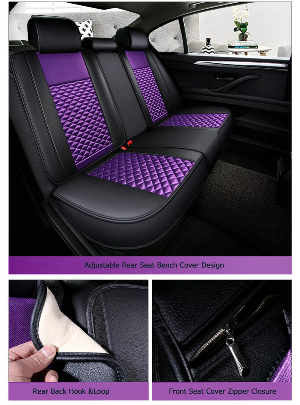 Stylish Retro Lattice Silk & Leather Car Seat Covers - Universal Fit for Front & Rear Seats (Purple Luxury) - Perfect for Vintage Cars, Road Trips & Luxury Vehicle Upgrades