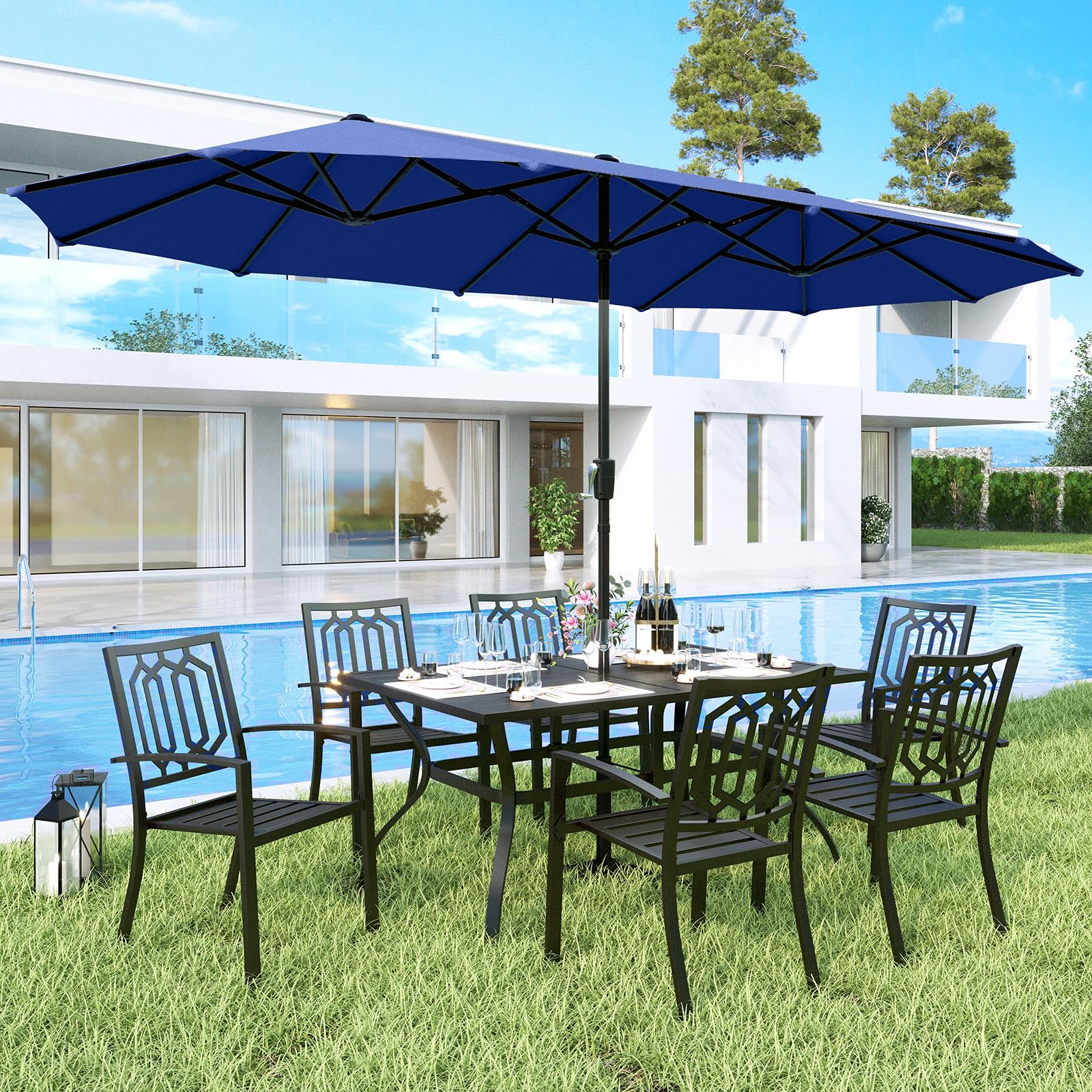 MFSTUDIO 6-Piece Patio Dining Set with Navy Blue Umbrella - Steel Frame Rectangular Table & Stackable Chairs for Outdoor Entertaining (Base Not Included) | Perfect for Backyard BBQs, Poolside Gatherings & Garden Parties