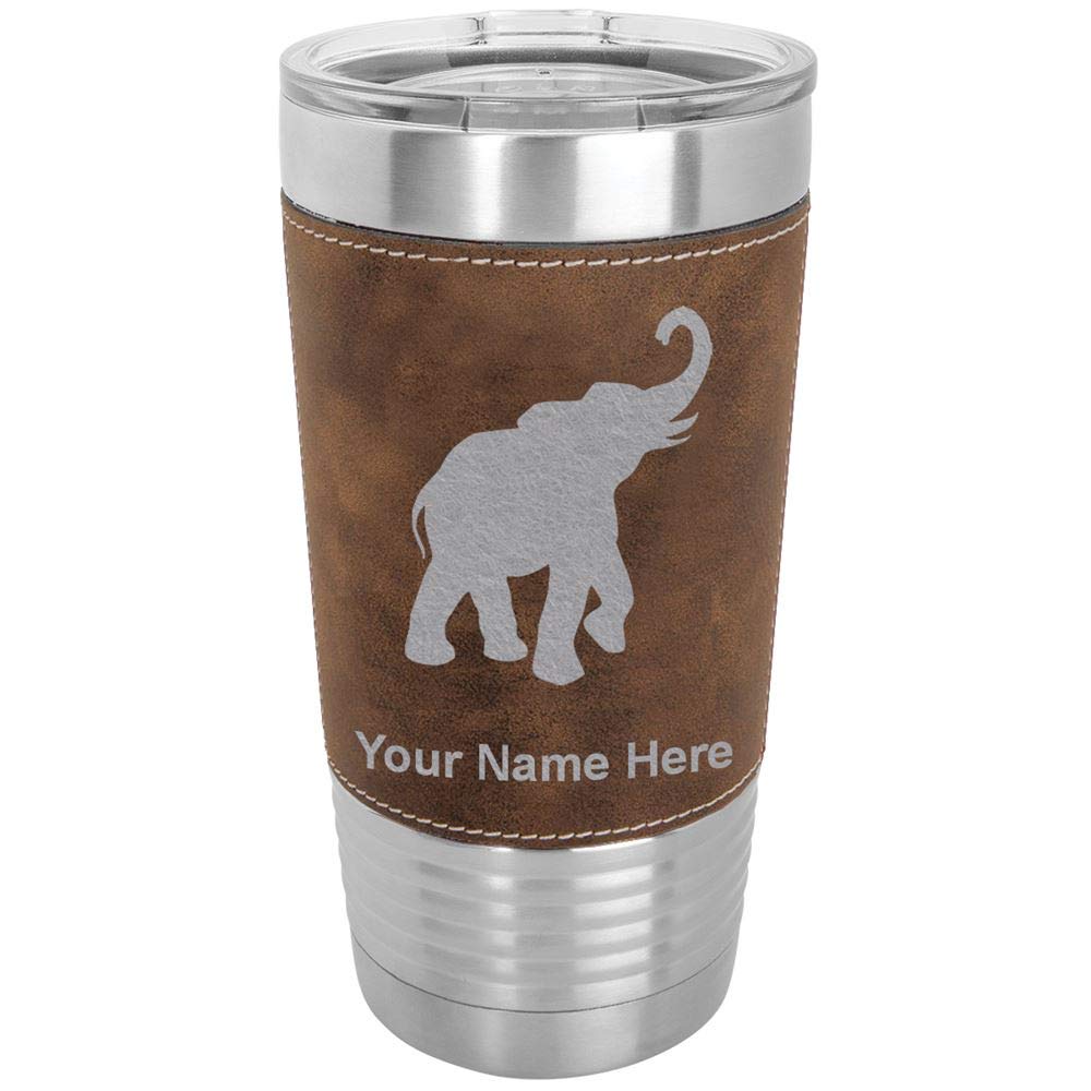 LaserGram 20oz Vacuum Insulated Stainless Steel Tumbler Mug with Personalized Engraving - Indian Elephant Design, Faux Leather & Rustic Finish - Perfect for Coffee, Tea & Cold Drinks at Home, Office or Travel