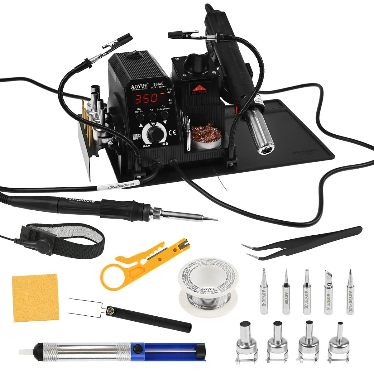 Aoyue 888+ 2-in-1 Hot Air Rework Station & Soldering Iron Kit for PCB Repair - Includes Soldering Mat, Helping Hands, Solder Wire, Brass Coil, Desoldering Pump, Nozzles & ESD Wrist Strap - Perfect for Electronics Repair, DIY Projects & Circuit Board Maintenance